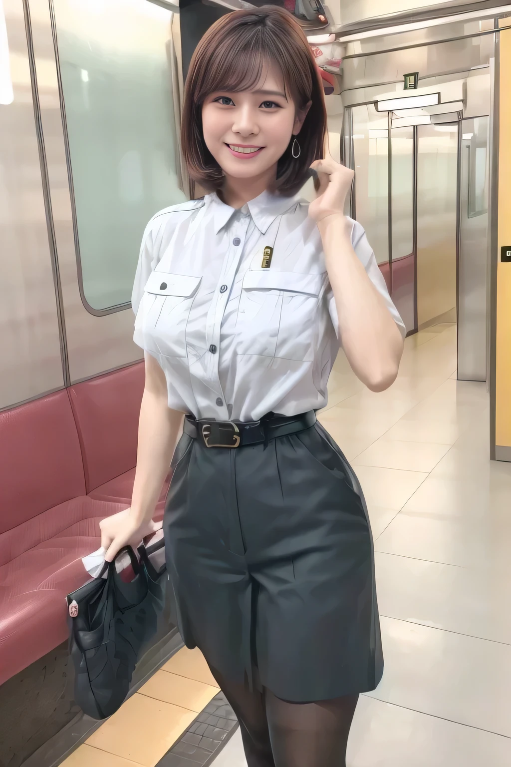 ( Masterpiece:1.2, top quality :1.2), 32kHDR, high resolution, ( alone、 in the seat)、( daytime building rooftop 、 professional lighting )、Building rooftop background、( Tokyo Metro Female Flight Attendant Uniform Lifelike Female 6 )、(Tokyo subway female crew uniform blouse short sleeve 、 above knee culotte skirt 、 waist belt )、 black pantyhose 、 thick brown hair 、( collected hair 、 Hair bangs)、 thick brown hair 、 long hit 、 Big Breasts 、 thin legs、(( amazing hands:2.0)),((harmonious body proportions:1.5)),((Normal limbs:2.0)),((Usually :2.0)),(( Delicate Eyes:2.0)),((Normal eyes:2.0)))、( Beautiful Standing Figure Wearing Tokyo Metro Female Crew Member's Uniform) 、Hands folded under the body 、 sitting has a smiling face