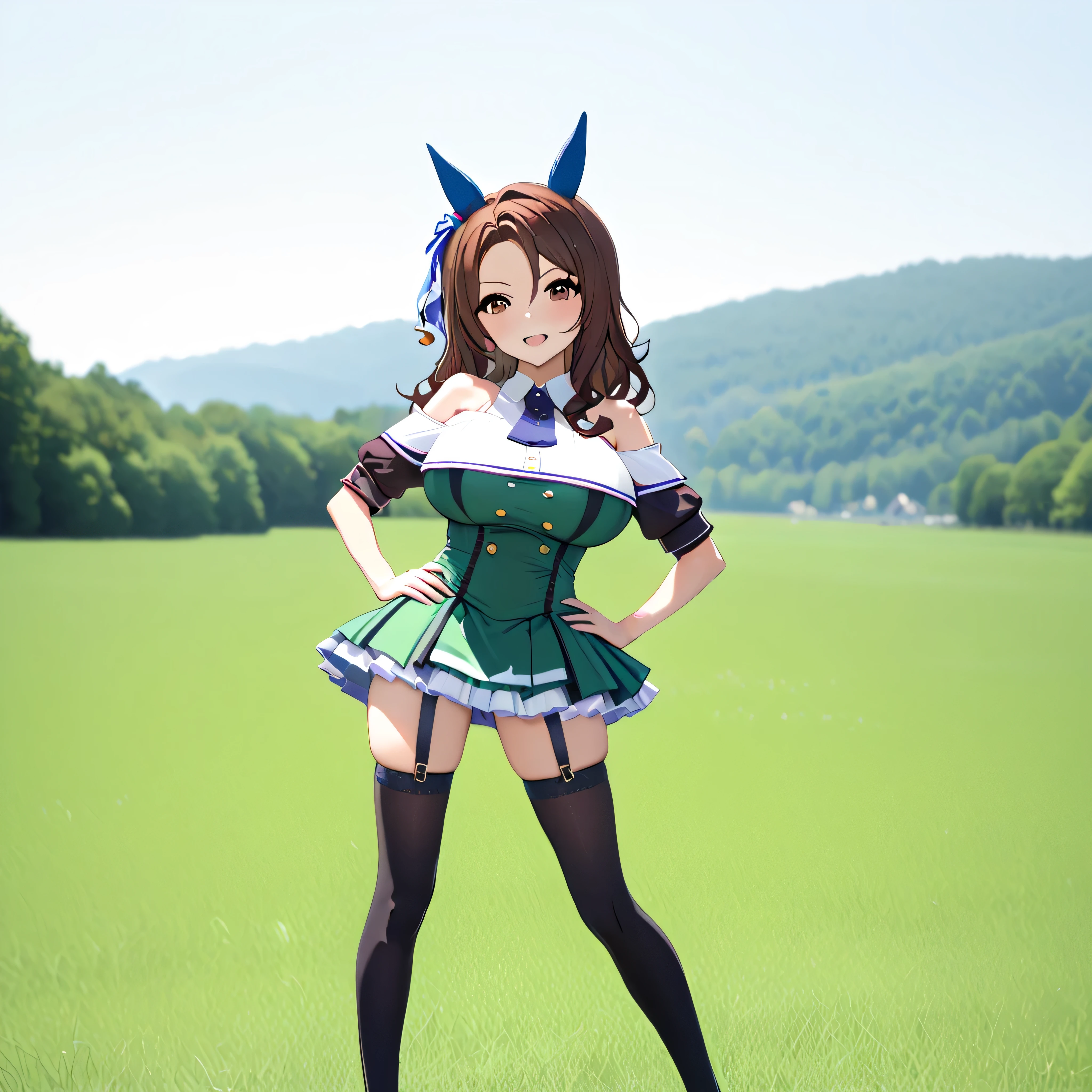 masterpiece, landscape, grass field, BREAK, (1 skinny girl standing with open legs:1.2), (umamusume\:1.3), (king halo \:1.2), BREAK, shoubufuku\, (too short skirt:1.1), thigh gap, (off-shoulder green dress cinches narrow waist too tight), BREAK, brown hair, (both hands on her hip), (open legs), BREAK, (bursting large breasts:1.2), (too narrow wais)t, skinny waist, small stomach, skinny hip, (skinny long legs), black thighhighs, thigh straps