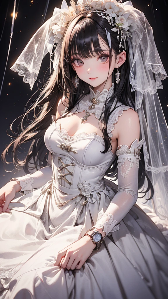 (bright lighting,romantic setting),bride captured, dreamy background,bondage,dark hair, mesmerizing gaze, , soft skin, alluring beauty, artistic portrait, high-quality image, vibrant colors, long silk gown, in the bed,mosquito net, bridal,solobound