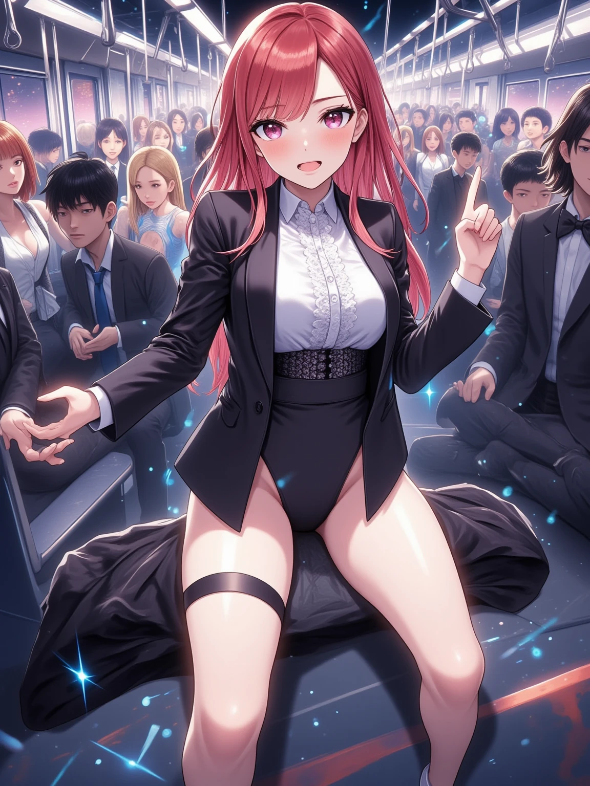 (((Adult woman))), pink eyes, long blonde hair, beautiful black dress, theater seat