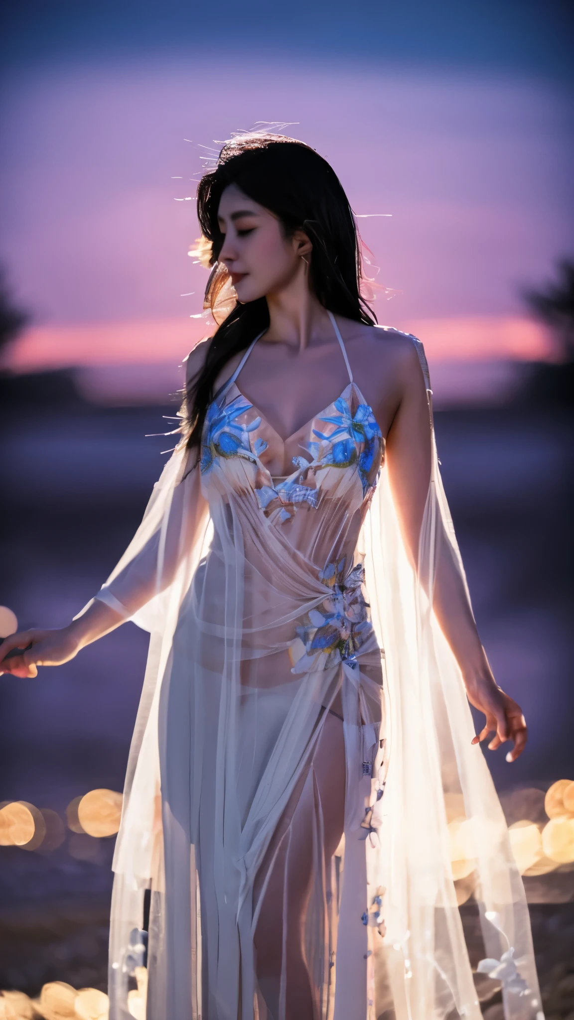loose outfit、Show shoulders、How to wear a gown with a broken see-through halter neck、Decorated with intricate patterns and bright colors、Transparent material that makes the skin shine、Artistic depiction of seductive woman in gown with wet thin cloth and transparent skin, Floral and fantastic pattern with flowing silky traditional see-through skin。Her dress draped elegantly around her curvaceous figure、Emphasizes her charming silhouette。She's a gentle fireworks night、Dynamic Posing、Sexy Posing、bathed in the soft glow of moonlight。The scene is、With a hint of mystery and sensuality、It exudes an ethereal dreamy atmosphere。The image style is、It incorporates a blend of watercolor and digital illustration techniques.、It makes you feel delicate beauty and charm。Soft moonlit lighting、Cast gentle highlights and shadows on her mesmerizing features。Dynamic Posing、Bold poses、The hand is somewhere、see -through、show through、A sexy、Wet hair、Wet、cherry treelower petals、cherryblossom、The cherry tree、Sakura blizzard、buried、Transparent skin、Wet clothes、Chest Pulling、Translucent clothes、On the water、