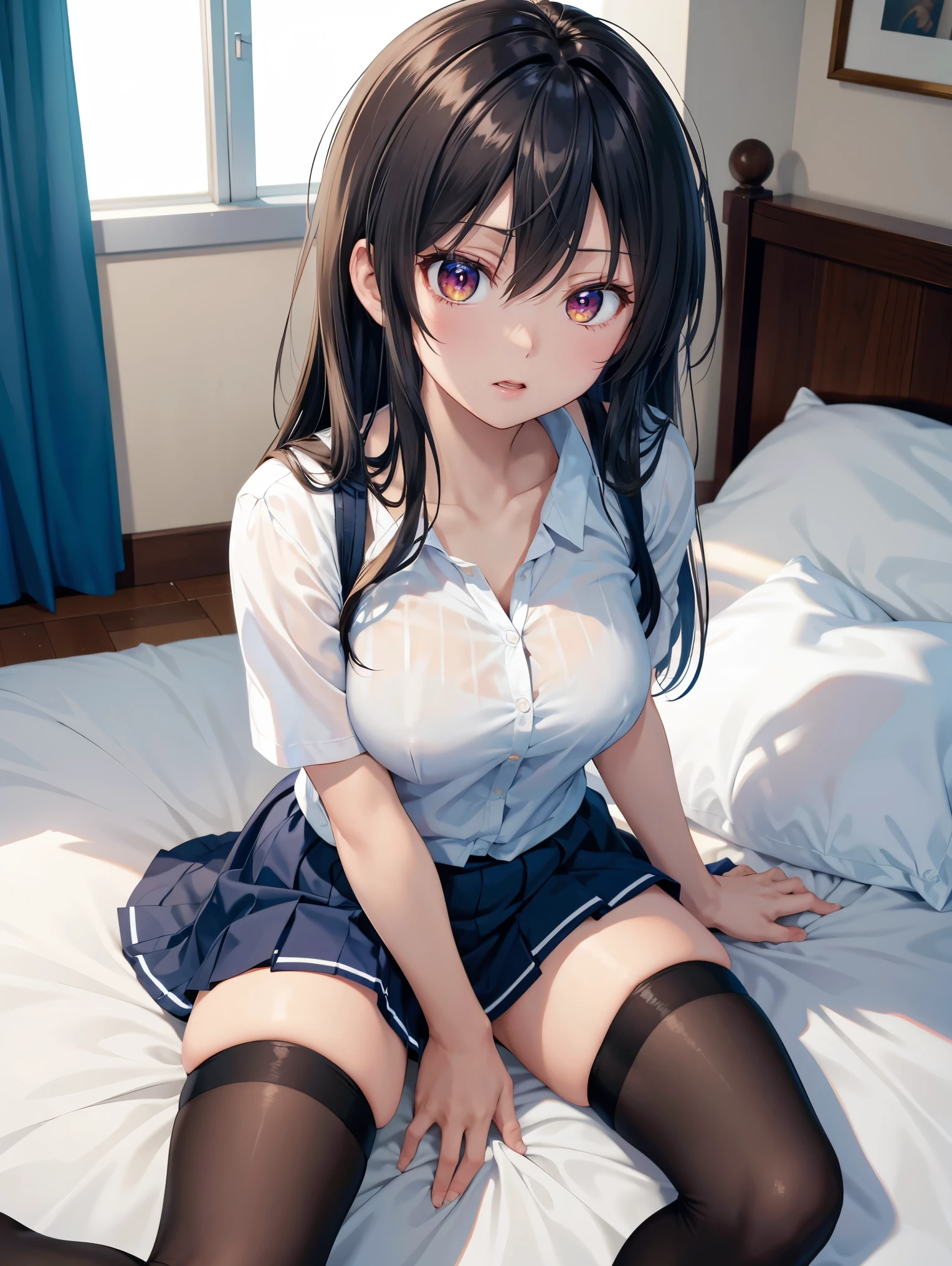 Light blue shirt with full buttons、cleavage cutout,(black thighhighs1.2)、(black socks above the knee:1.2)、(white panty:1.5)、Nsfw、top-quality、Top image quality、​masterpiece、 girl、skin gloss、huge tit,dynamic super close-up、Emphasize thick thighs、Fluffy blouse 、Denim micro mini skirt、full-face blush, embarrassed、Emphasis on the streaks of the panties、Versatile sexy poses、Lift skirt、Colorful Hair Accessories、Plump thighs、opening legs(open legs:1.5)