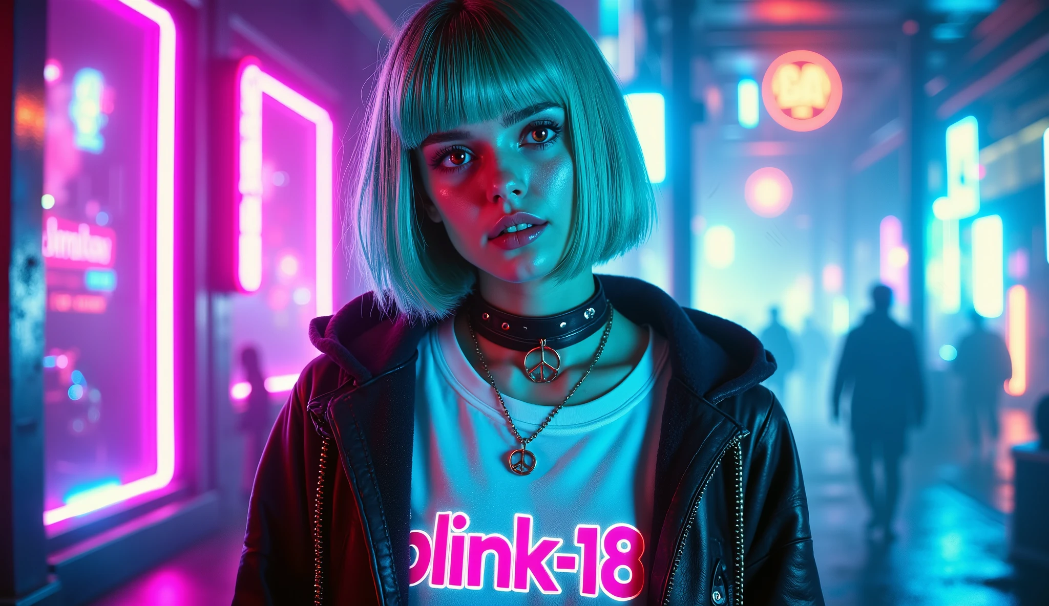A highly stylized and futuristic portrait of a young woman illuminated by vibrant neon lighting in shades of blue and pink. She has a sleek, bright cyan bob haircut with straight bangs that frame her pale face. Her piercing red eyes gaze softly forward, and a small beauty mark is visible below her left eye, adding to her unique charm. She is wearing a black oversized hoodie layered over a white T-shirt with bold pink "blink-182" lettering on the front. Around her neck is a black leather choker with a large metallic peace sign pendant, reflecting the neon light. The background is dimly lit, best quality , masterpiece,