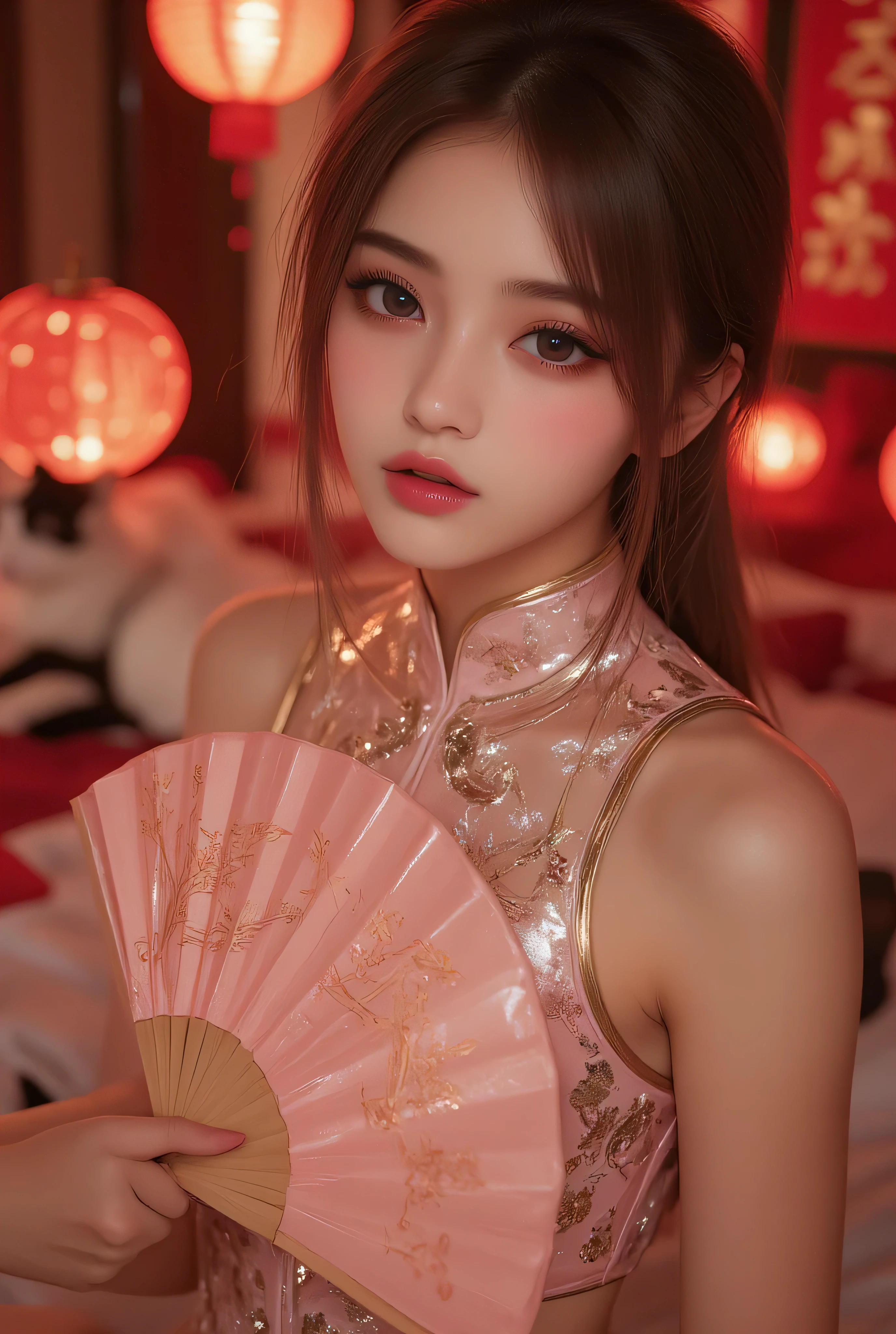 Cat ears、 face up, attractive, pretty girl, ponytail、 (( fine facial features , eroticism)), dramatic lighting , realistic , 8k, Dramatic Shadows , intricate and elaborate patterns , super detailed photo , chiaroscuro lighting , Pleasant colors , deep contrast , super real 、 pink lipstick、 warm room、Vintage Fireplace 、 cinematic composition、Close-up of face, pretty half part transparent open shoulder loose outfits dress, tang style, A beautiful Korean idol wearing a one piece red- black tightly cheongsam with phoenix and intricate floral golden embroidery, golden and silver outline on dress, hand hold pink feathers transparent Chinese fan with golden ink painting of bird and tree , standing gracefully in a room filled with traditional Chinese New Year decorations. The room features vibrant red lanterns, decorative calligraphy scrolls, a small Chinese orange tree with golden ornaments, and several red envelopes scattered across the floor and hanging from the tree. Adorable, playful cats are part of the scene—some sitting near the tree, others curiously pawing at the red envelopes or lounging around. Through a window or an open door in the background, vibrant Chinese fireworks light up the night sky in an array of reds, golds, and blues, casting a magical glow into the room. The idol’s outfit is paired with subtle accessories like red hairpins or earrings, complementing the festive look. The atmosphere is warm and lively, filled with the joyful essence of the celebration, enhanced by the shimmering lights of the fireworks and the lively decor.