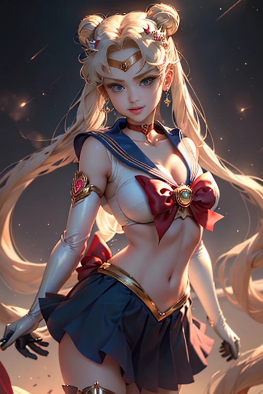 Masterpiece, Full: 1.3, Stand, 8K, 3D, Realistic, Ultra Micro Shooting, Top Quality, Extreme Detail CG Unity 8K Wallpaper, from below, intricate details, (1 female), 18 years old, (Sailor Moon supersailormoon mer1, Tiara, Sailor Senshi Uniform Sailor: 1.2, Sailor Moon: 1.2), Impossibly long bright twin-tailed blonde, thin and very long straight twin-tailed blonde, hair bun, red round hair ornament in a hair bun, Sailor Senshi uniform, (blue collar, blue sailor collar, blue pre-gate mini skirt: 1.3, very large red bow on the chest: 1.3, long white latex gloves: 1.3, red gloves on the elbows, Very large red bow behind the waist: 1.1, cleavage is looking large, golden tiara, earrings), (face details: 1.5, bright blue eyes, beautiful face, beautiful eyes, shiny eyes, thin lips: 1.5, thin and sharp pale eyebrows, long dark eyelashes, double eyelashes), luxurious golden jewelry, thin, thin and muscular, small face, big breasts, perfect proportions, Thin waist, sexy model pose, visible pores, seductive smile, perfect hands: 1.5, high-leg swimsuit, very thin and fit high-gloss white holographic leather, octane rendering, very dramatic image, strong natural light, sunlight, exquisite lighting and shadow, dynamic angle, DSLR, sharp focus: 1.0, Maximum clarity and sharpness, (space background,moon, dynamic background, detailed background),(aausagi, double bun, twintails, parted bangs, circlet, jewelry, earrings, choker, red bow, white gloves, elbow gloves, blue skirt, show nipples, show vagina, spread legs.
