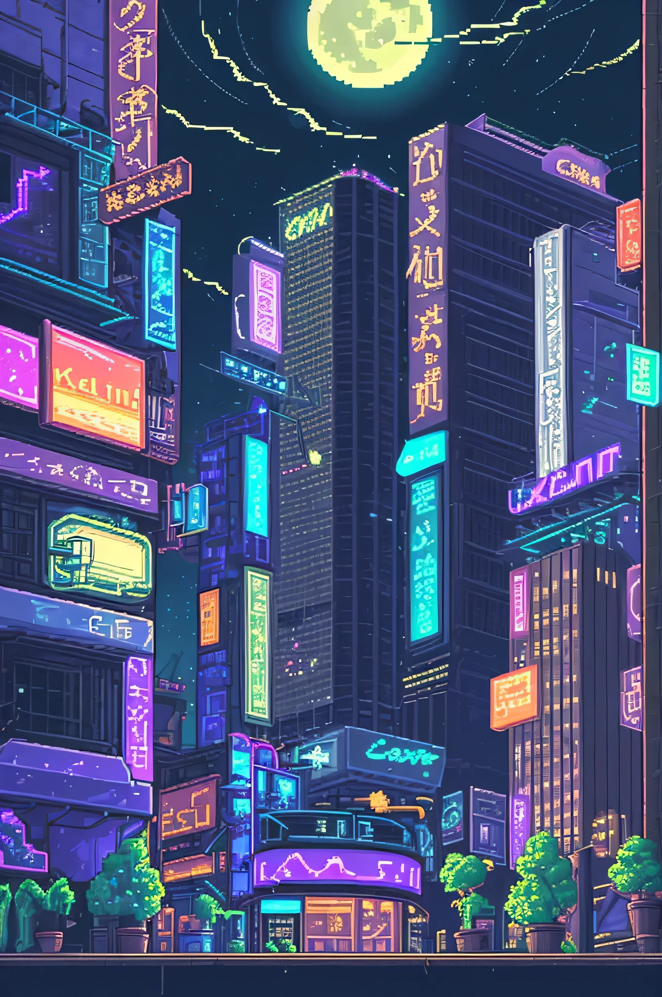 , outdoors, sky, night, moon, plant, building, star (sky), night sky, sight, city, sign , potted plant, Wide shot, crescent moon, neon light , Pixel art, Pixel,purple, building, dystopia, only one black human silhouette, skyscraper