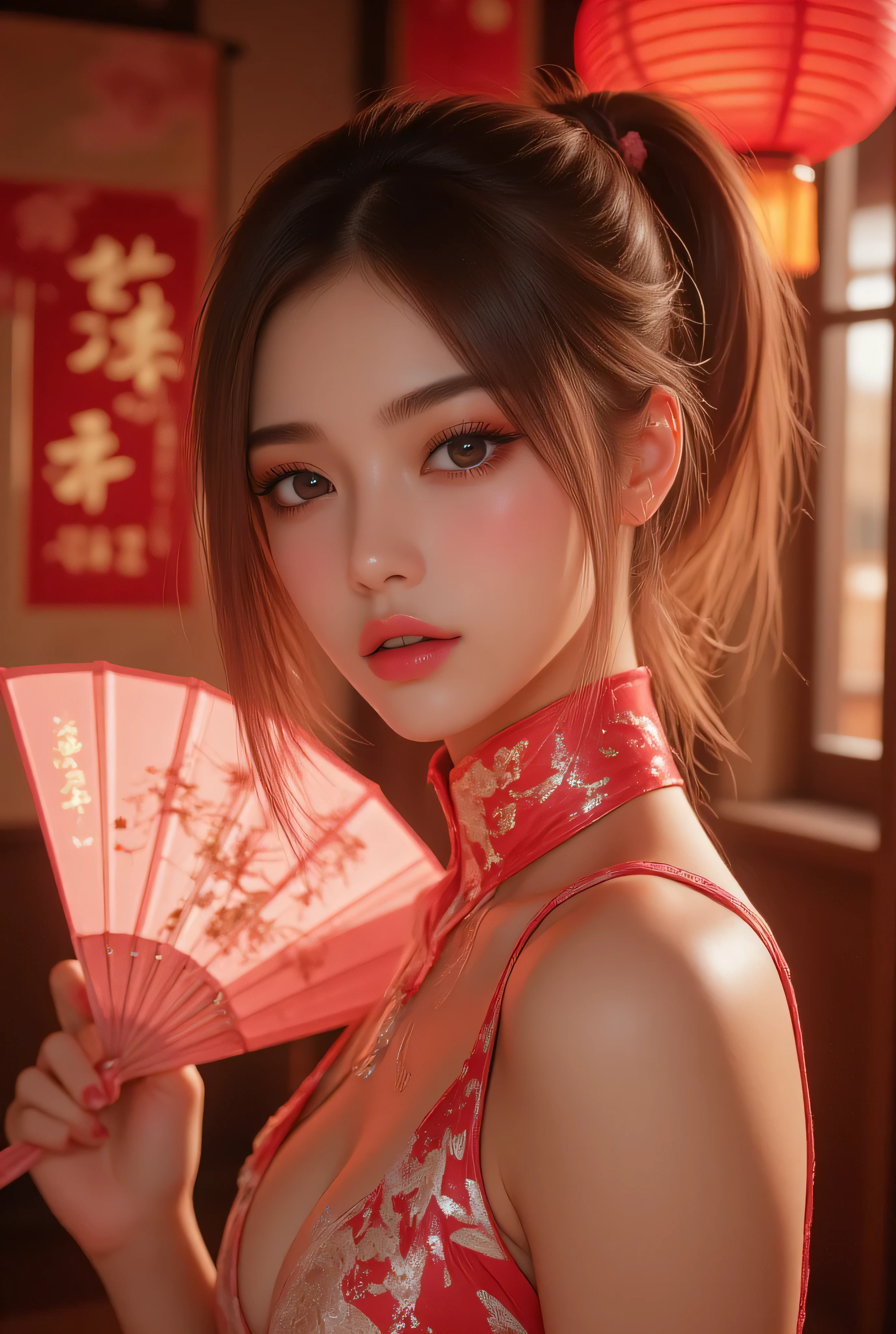 Cat ears、 face up, attractive, pretty girl, ponytail、 (( fine facial features , eroticism)), dramatic lighting , realistic , 8k, Dramatic Shadows , intricate and elaborate patterns , super detailed photo , chiaroscuro lighting , Pleasant colors , deep contrast , super real 、 pink lipstick、 warm room、Vintage Fireplace 、 cinematic composition、Close-up of face, pretty half part transparent open shoulder loose outfits dress, tang style, A beautiful Korean idol wearing a one piece red- black tightly cheongsam with phoenix and intricate floral golden embroidery, golden and silver outline on dress, hand hold pink feathers transparent Chinese fan with golden ink painting of bird and tree , standing gracefully in a room filled with traditional Chinese New Year decorations. The room features vibrant red lanterns, decorative calligraphy scrolls, a small Chinese orange tree with golden ornaments, and several red envelopes scattered across the floor and hanging from the tree. Adorable, playful cats are part of the scene—some sitting near the tree, others curiously pawing at the red envelopes or lounging around. Through a window or an open door in the background, vibrant Chinese fireworks light up the night sky in an array of reds, golds, and blues, casting a magical glow into the room. The idol’s outfit is paired with subtle accessories like red hairpins or earrings, complementing the festive look. The atmosphere is warm and lively, filled with the joyful essence of the celebration, enhanced by the shimmering lights of the fireworks and the lively decor.