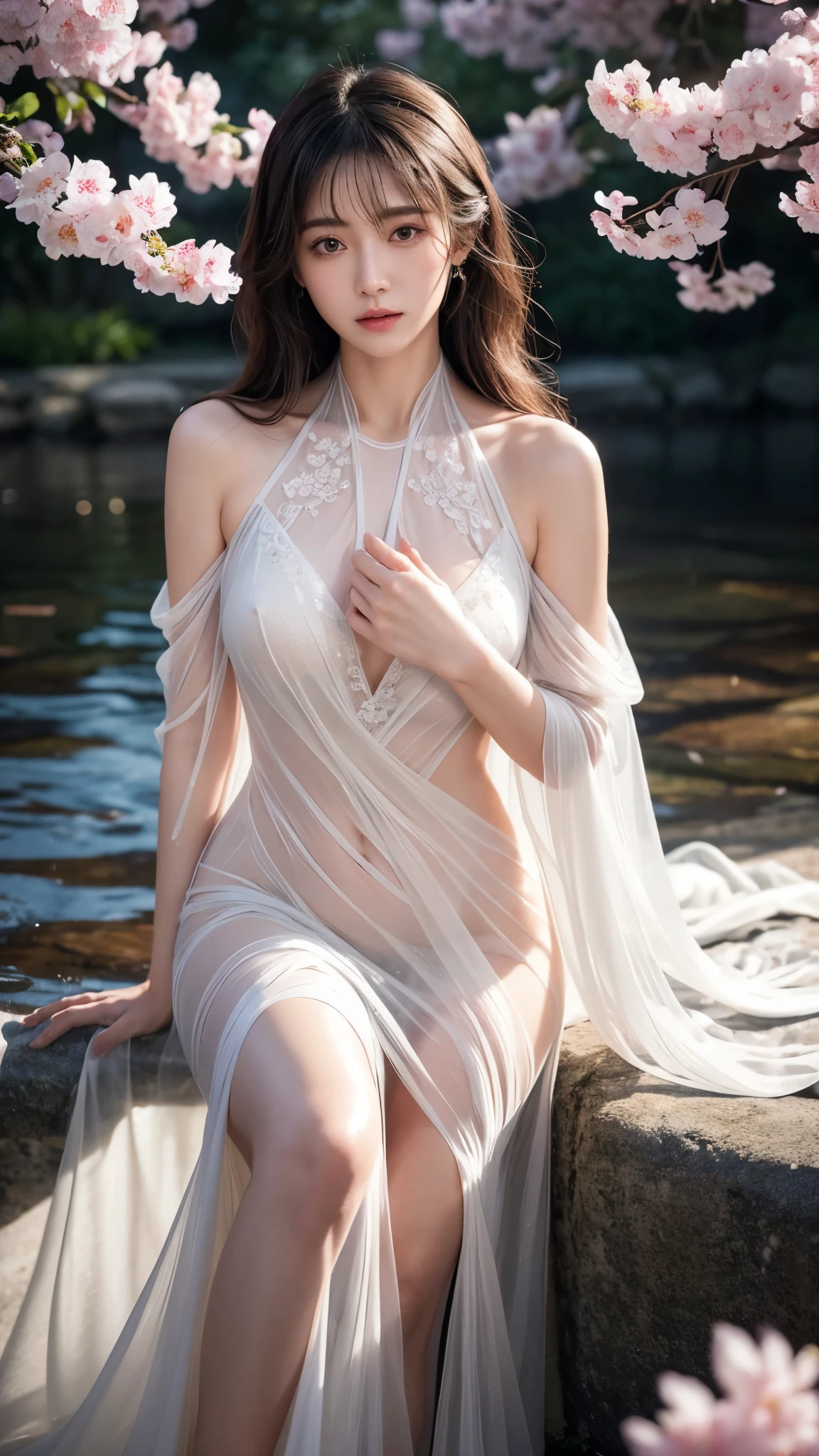Woman with minimal clothes playing in the river in summer,Stand inside the water,Long slip dress,long suspenders,Translucent tulle,Open your clothes to expose your chest,half naked,full,Sexy,Breasts sagging naturally,Wide buttocks,The mons pubis is obviously bulging,Twist braids,Decorative belt around neck,Sunlight,windy,Ray tracing,High-quality image quality,extremely high resolution fingers,Very nice hands,No extra arms or fingers