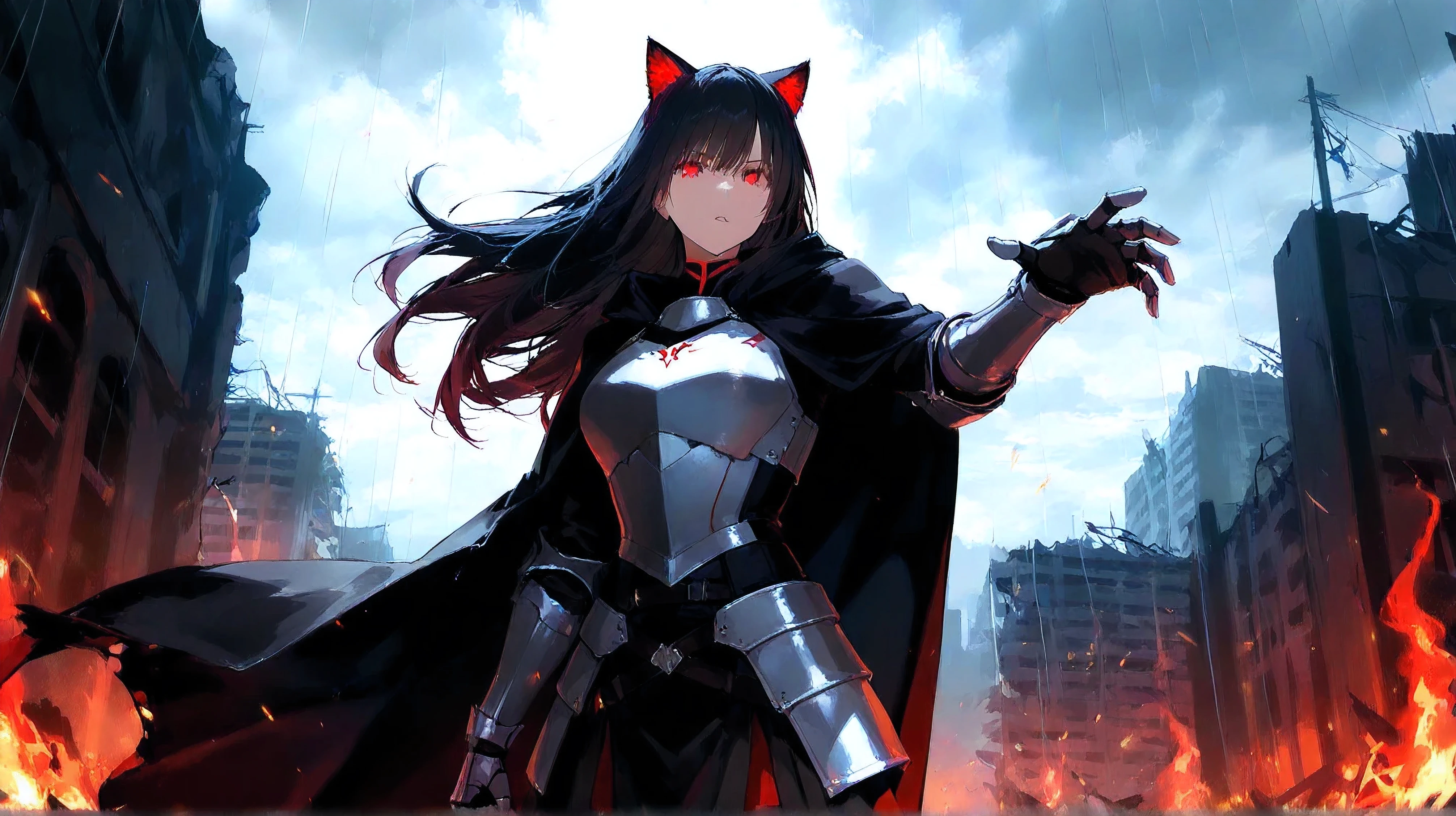 Ultra-detailed, anime style, dark fantasy, lone female protagonist, cat ears, black hair, red eyes, standing in the storm, wind blowing her long hair, burning determination in her eyes, dynamic pose, cinematic lighting, black and red contrast, dramatic sky, glowing embers, ethereal mist, tattered black cloak, armored gauntlets, mystical aura, glowing markings on skin, rain and storm effects, epic background, shattered ruins, high contrast, ultra-sharp details, 8K UHD, masterpiece, best quality, highly detailed, artstation, intricate lighting and shading, soft but intense glow, dark and moody atmosphere, atmospheric depth, HDR effects, volumetric lighting.