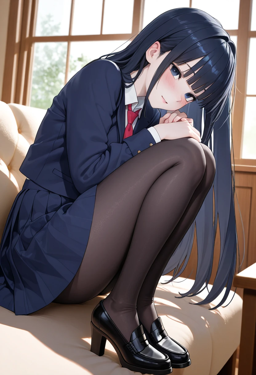 tmasterpiece、Need、Highest high resolution、Japanese high school girl、Three no girls、mano、Petite、Small chest、Dark blue top、a black pleated skirt、The slender legs are wearing dark black pantyhose、No shoes、ccurateblack hair、Long straight hair, Turquoise blue eyes