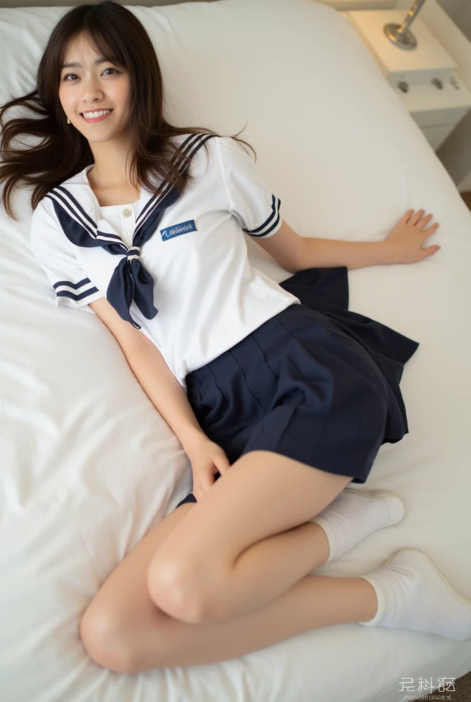 Japanese women Black Hair Long Hair bed In a sailor school uniform Blindfolded, hands and feet tied with rope Bird View (Full Body:1.4) Bright room (White panties visible through the skirt:0.9) Lie