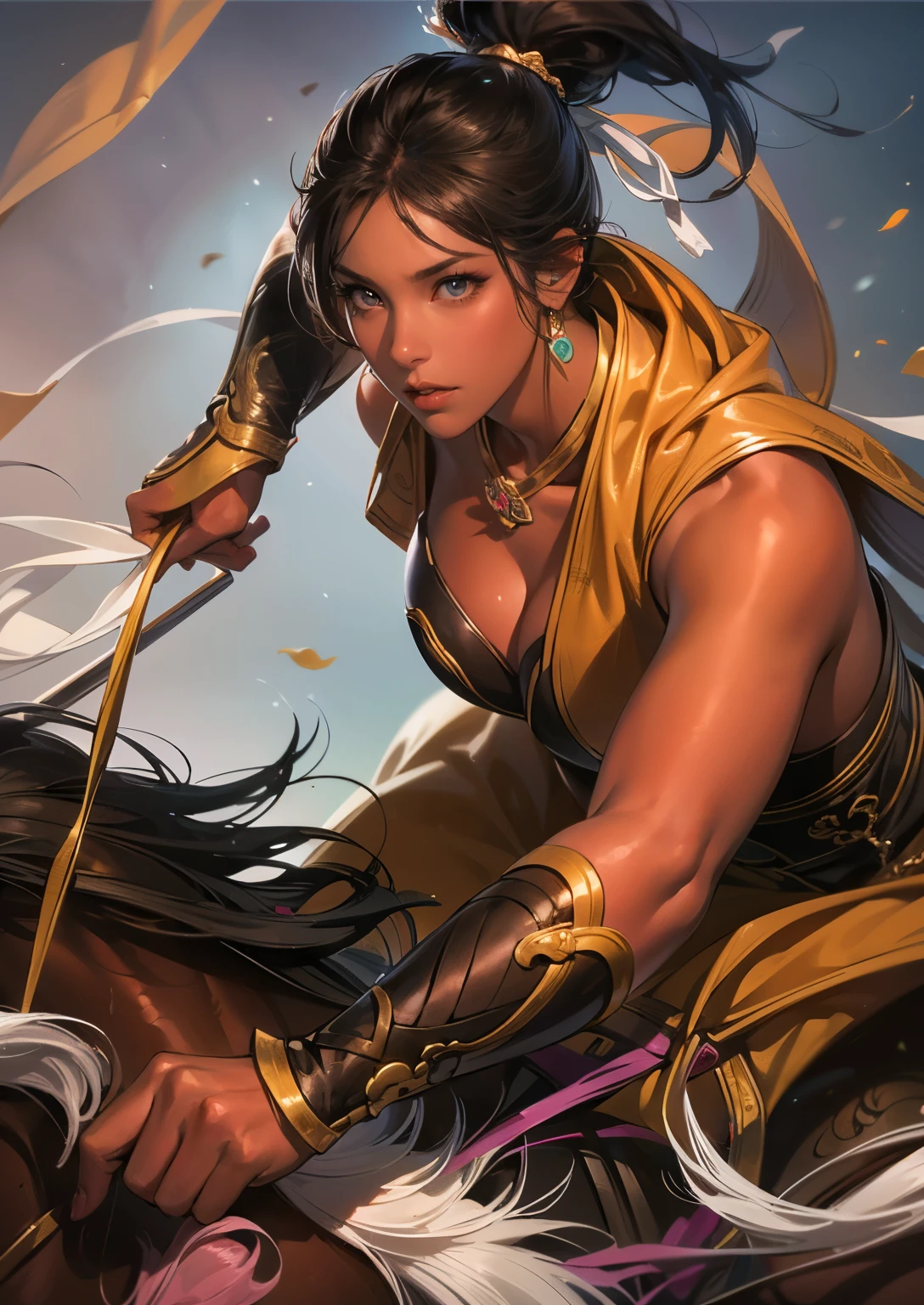 Han Dynasty Scenery 、 Three Kingdoms、 FULL BODY、( top quality,4K,8k, high resolution,masterpiece:1.2)、VERY DETAILED, high resolution,Hyper HD、 studio lighting 、 Ultra Fine Picture 、 sharp focus、 physically-based rendering 、 VERY DETAILED explanation、 Professional、 Vivid colors、 Traditional Chinese Painting Techniques 、 atmospheric lighting、 Vivid colors 대비、VERY DETAILED eyes and face、 Attention to Beautiful Details、 Light on the face、 Young woman in leather 、 is in perfect shape 、 ((( 1 woman)))、( Beautiful Women)、 Anatomically accurate 、 dynamic posture 、calm hair、 (( medium sized breasts ))、、(dark skin:1.3)、attractive dark skin、Woman riding a horse