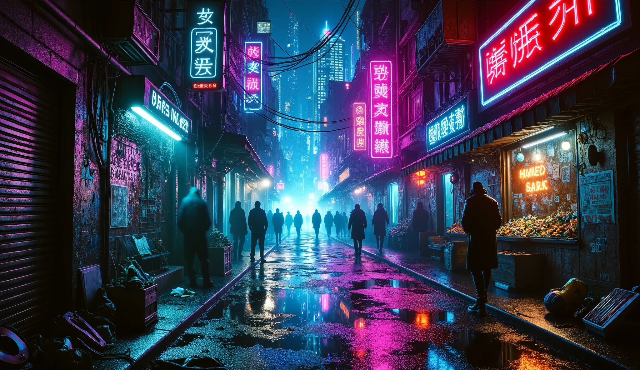 A dark city street illuminated by vibrant neon lighting in shades of blue and pink. The background is dimly lit,  best quality , masterpiece, 