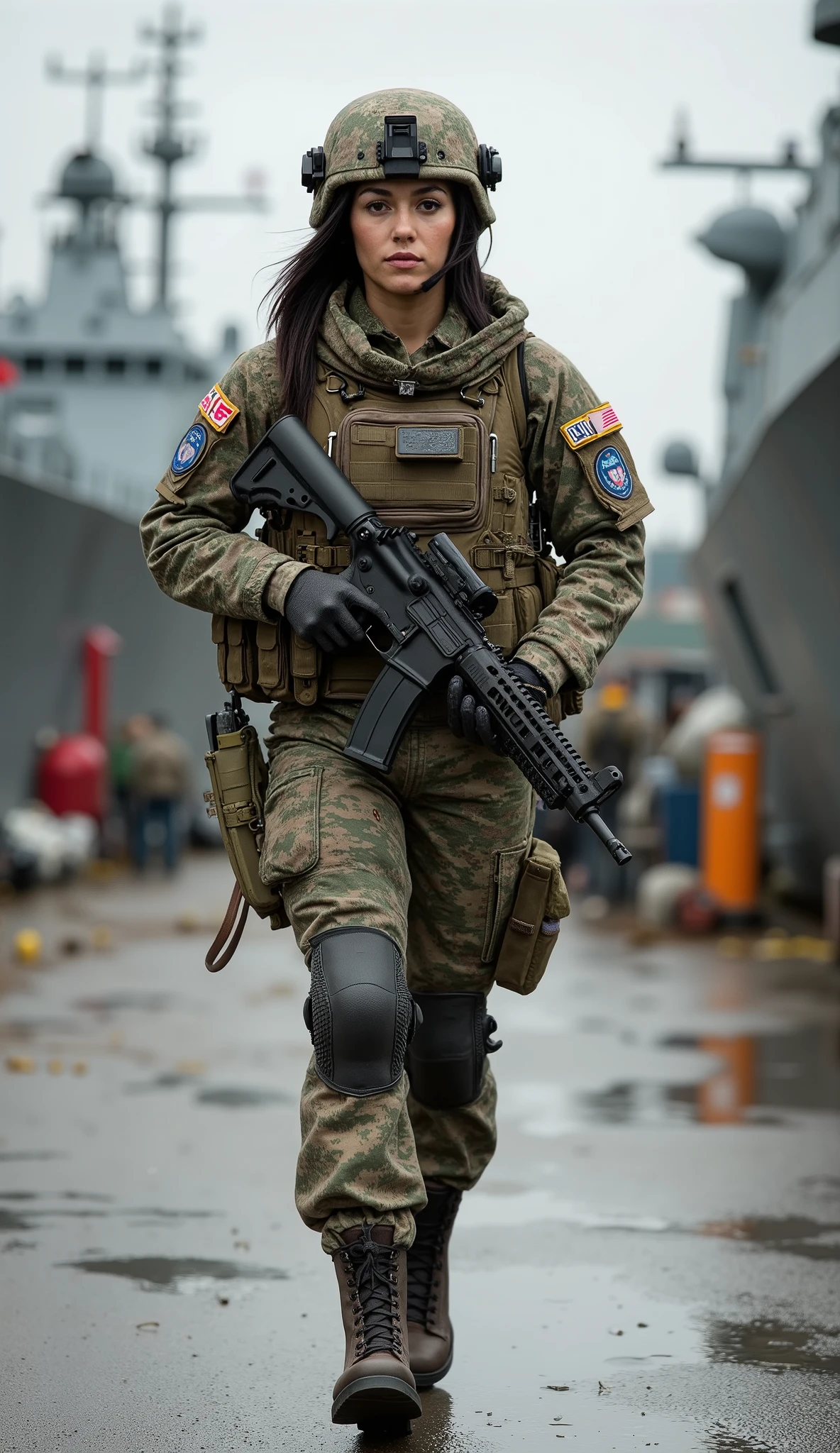 "A beautiful 20-year-old Canadian woman, a highly skilled member of the country’s special naval forces. Her body is toned and muscular, a testament to her rigorous training and combat readiness. Her black hair is styled in a sleek bob, tucked neatly beneath her tactical combat helmet, which is equipped with camouflage to blend seamlessly into any mission environment.
She wears a full tactical outfit designed for the Canadian special naval forces, featuring a camouflage-patterned combat uniform that includes a tactical vest, knee and elbow pads, and durable combat boots, perfect for diverse terrains and operations. A rifle is held firmly in her hands, ready for action, as she walks with purpose.
Her pose reflects confidence and focus, walking at a steady pace as she moves through the military harbor. The background shows a bustling military port, with naval ships in the distance and various military equipment visible on the docks. The setting emphasizes the intensity of her mission and her readiness for any challenge that comes her way.
This 3/4 body portrait captures the strength, discipline, and determination of a special forces soldier, embodying her readiness to face any operation with unwavering resolve."