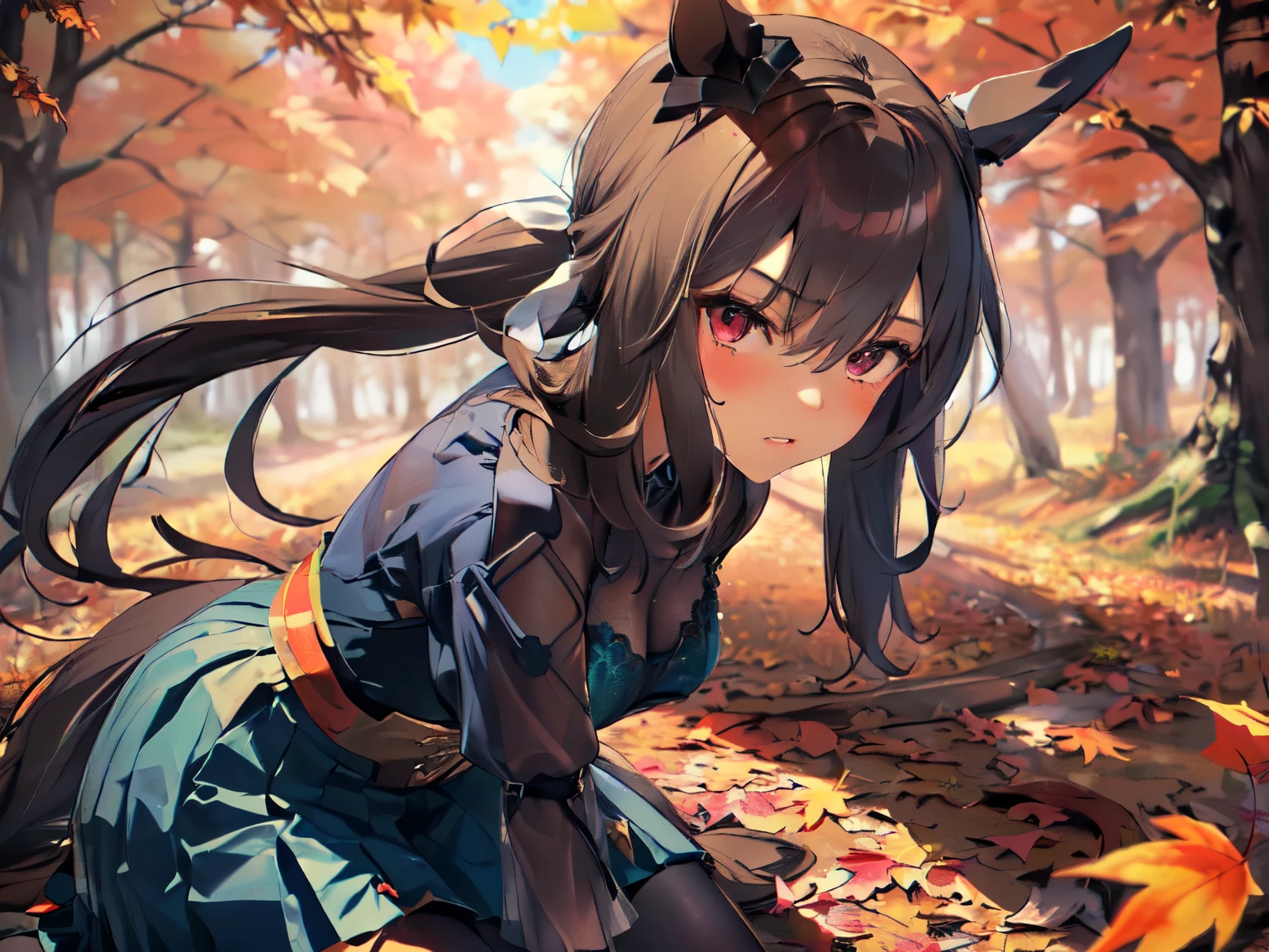 (((Solo, girl with horse ears and horse tail, sexy Japanese kunoichi, ((see-through)), no bra, cable sweater, skirt, black and blue outfit, thighs in tights, ((heart-shaped accessory, hair accessory)), squinting, glowing eyes, blushing, black hair, very long hair, hair tousled in the wind, ((dark forest)), dead leaves, autumn leaves, night, starry sky, strong wind blowing, kneeling and leaning forward, detailed body structure, 3D animation, masterpiece, best quality, highest resolution, three-dimensional breasts, close-up of upper body, live action)))