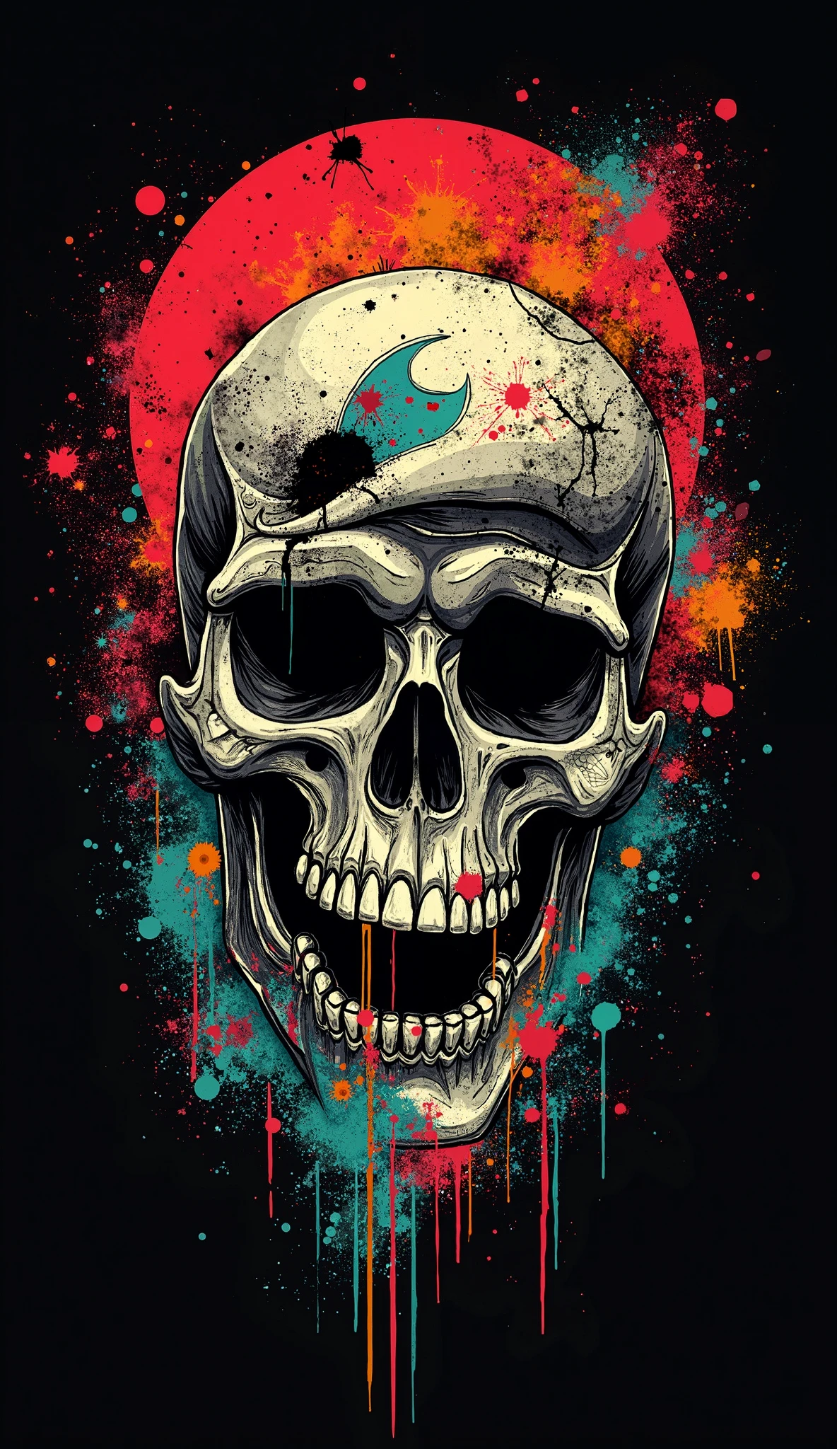 Dripping Splash Skull: A skull surrounded by dripping paint splashes that suggest movement and creative expression. T-shirt design graphic, vector, contour, black background.