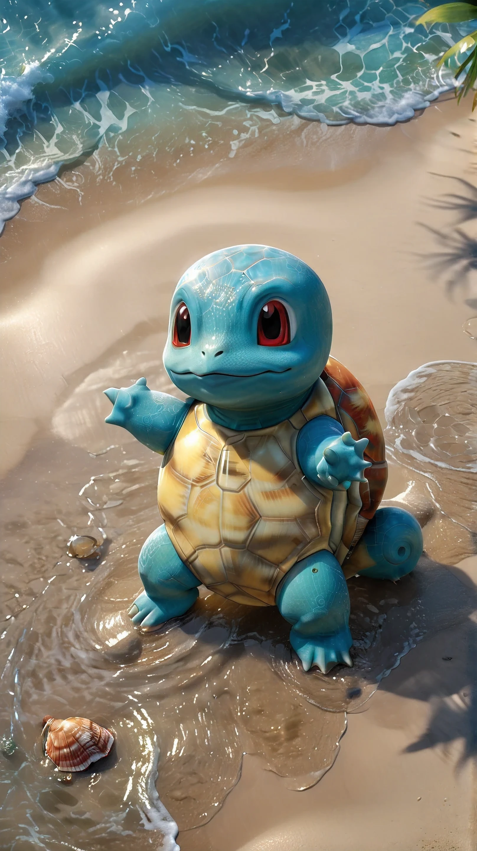Ultra-realistic 4K image of Squirtle standing on a beautiful tropical beach. The sunlight reflects on the wet sand, and gentle ocean waves roll onto the shore. Squirtle's shell has detailed textures, with a glossy shine from the water. The scene captures a peaceful yet lively atmosphere, with palm trees swaying in the background and a few seashells scattered on the sand. The lighting is warm and natural, enhancing the realism of the image --niji6,--raw-stilyze 1000