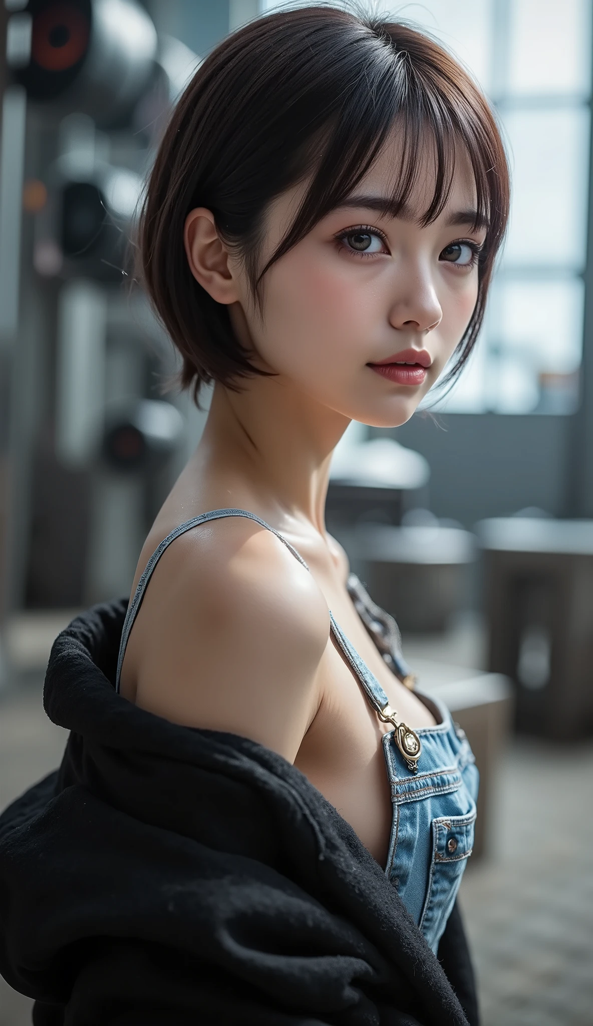 8k, ultra high resolution , top quality, Masterpiece,rule of thirds,golden ratio, surreal, photos, one woman,( girl:1.3), cute, cute顔, Beautiful Eyes in Every Detail , 細かく Details, mature woman, princess,Close UP,smile, black hair, shorthair,Bowl cut,ID photo,future, brutal cyberpunk woman, luxurious and beautiful ,(( overalls)), (( Oversized Hoodie)), very delicate expression , delicate eye description,, Healthy body shape, (( 1 female)), Height: 160cm, (( thin thighs)) ,( thin waist:1.4)、( Beautiful :1.4), pink lips, profile,((( ideal body shape))),Small bust, A cup :2,、 portrait:2、 perfect anatomy in pool water 、鮮明な Details、 Details, thin lips,Perfect and beautiful face ,完璧で cute顔, Meticulous Skin , Perfect Limbs 、 thin waist, surreal,Light and Dark, fashion magazine cover,glowing