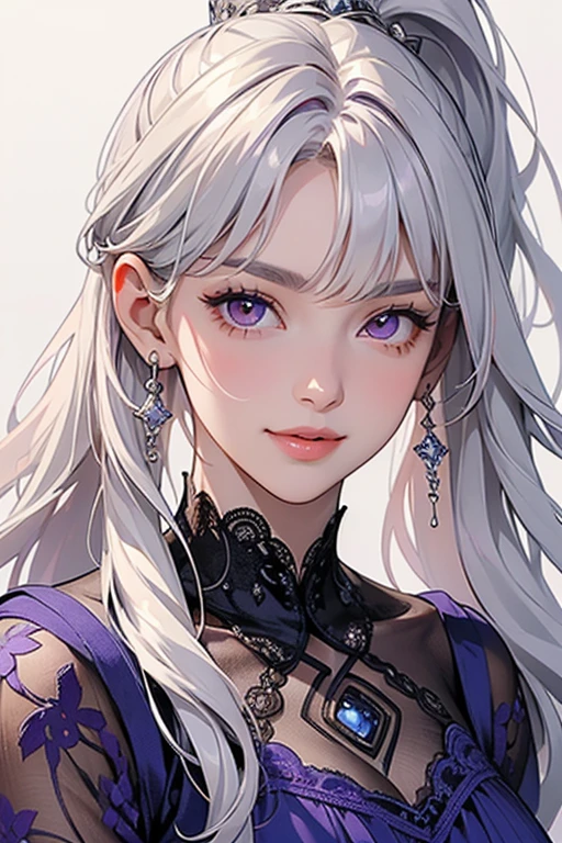 (Triplets)(chest covered)(smile)Gray skin, pale golden hair and violet eyes. They prefer clothing of white and silver with cloaks of deep blue or purple,village background, huge_knockers, ((very precise detailed)), ((highres)