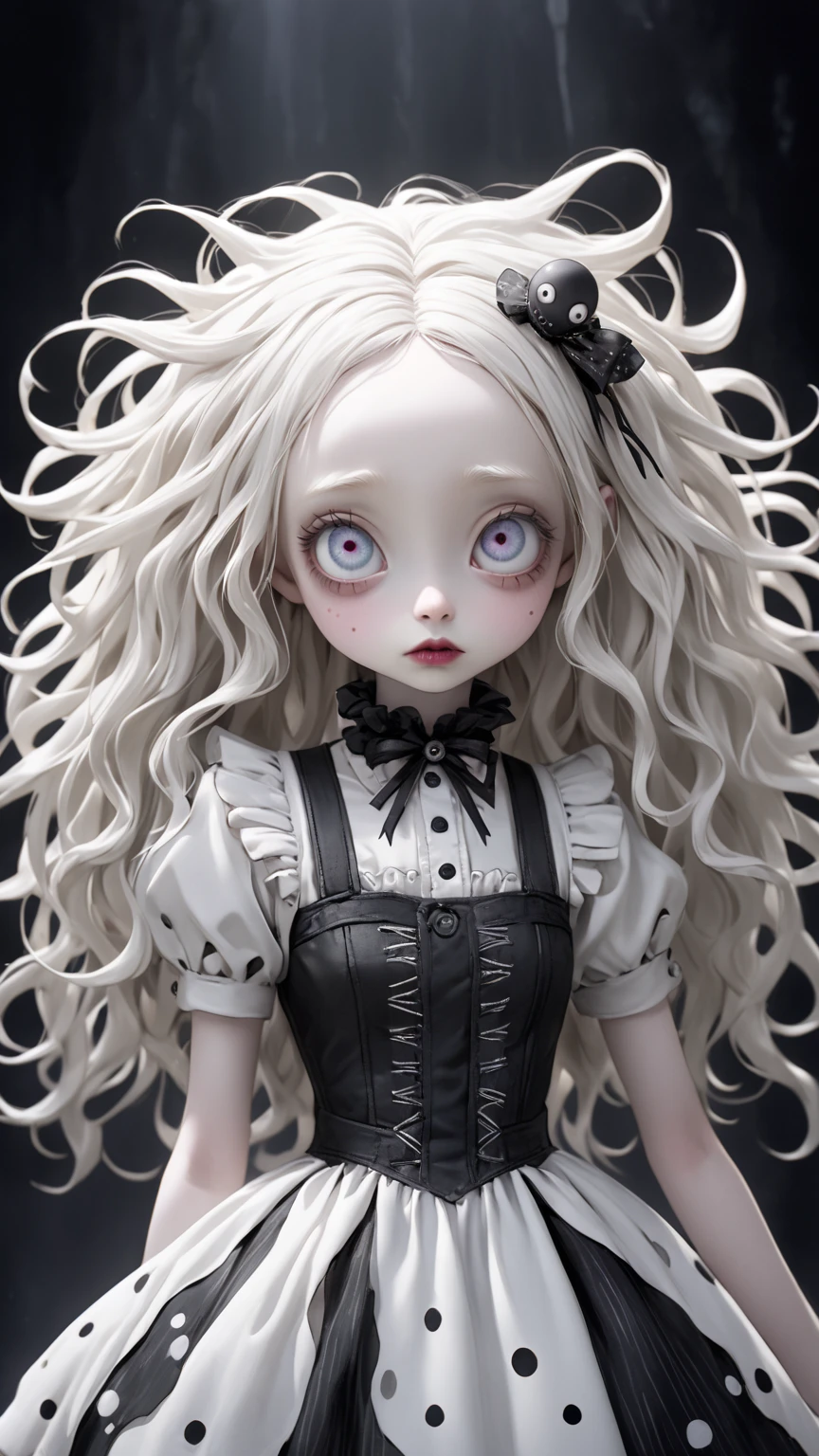 （best quality，4k，masterpiece：1.2），super detailed，lifelike：1.37，on stage，Possess human emotions and intelligence，scary mechanical doll，big eyes，dark eye makeup，Spooky smile，Mechanical joint，fluffy hAir，whole body，damaged leather boots，The arms are connected by many wires，under someone&#39;s control，Air，Metal skin decoration，dirty，tattered clothes，Rag clothes，glow