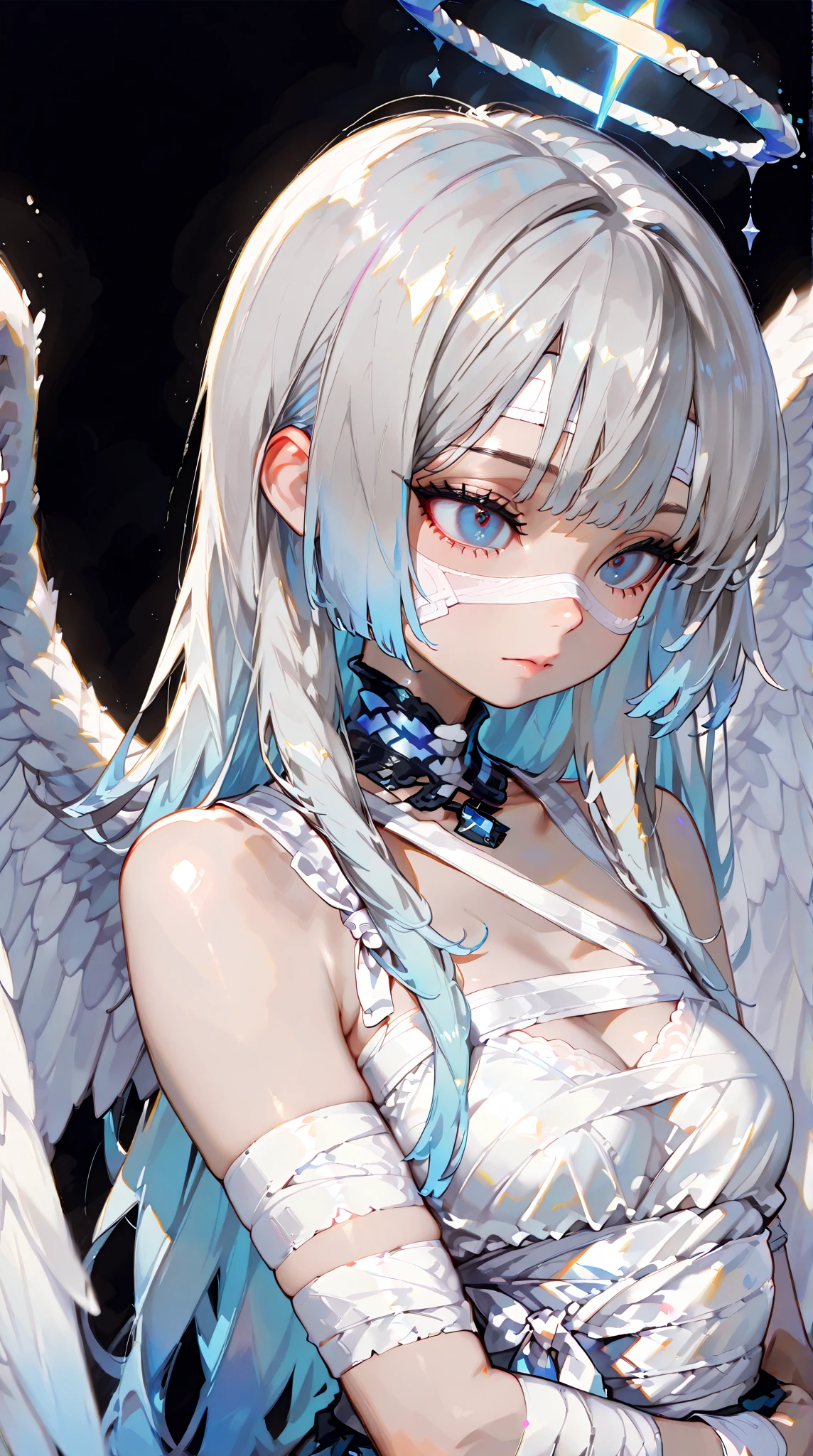 girl,Completely naked, ((flat chest)),slender, In to stage,long hair,(),danceing,white hair,angel wings,(((mask))),cover one's eyes