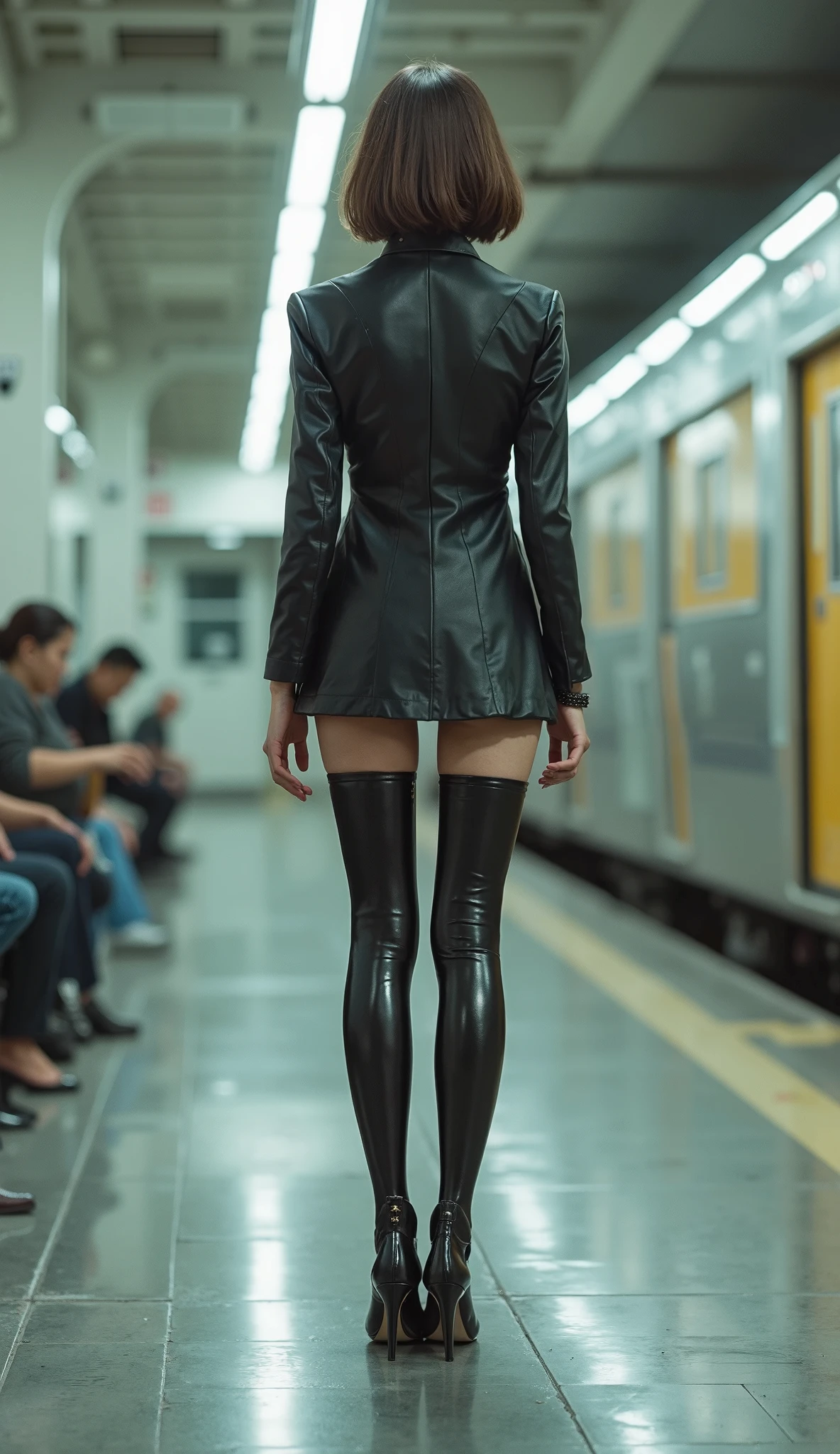 A cute 18 year old young Japanese woman has brown bob hair,Standing at the train station ,  full body shot,  high heels and  knee-high tights, rubber material fashion , in the spaceship storage room ,   realistic skin,  high resolutionの画像, 4K,  high resolution,  intricate details,  Masterpiece