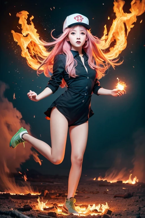 realistic, ((1girl)), (solo), (((((mid-air))))), (((((flying high))))), (((above the ground))), (((((from below))))), (((casting powerful fire streams from her hands))), (((pyromancer))), (pale skin), (playful smirk), (blush), (((full body))), (long pink hair), (crop top), (pleated miniskirt), (choker), (belt), (wristband), (black thigh highs), outdoors, city street, best quality, masterpiece