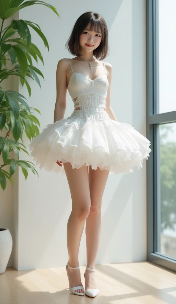 cinematic portrait photography, 1girl, correct body structure, perfect body, snow white skin, pretty face, think face, blush, face, maid hair ornament, charming body, slim, wide hips, thin waist, straight breasts, black pantyhose, long legs, stockings, thigh stockings, standing on bench, erlang legs, white high heels with full body photo, leg focus, white skin with bare shoulders, wavy shoulder-length hair, serene, calm, (realistic details, natural skin texture, realistic facial details), Soft dramatic lighting, depth of field, bokeh, vibrant detail, fine detail, surreal, 35mm film, hazy blur, film, 16k, peony, rose, cherry blossom, rainforest,