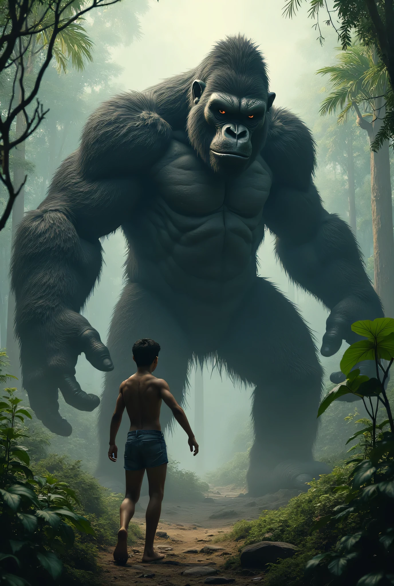 Black panther in one part and in the other a person on the swing in the distance in a place with a tree