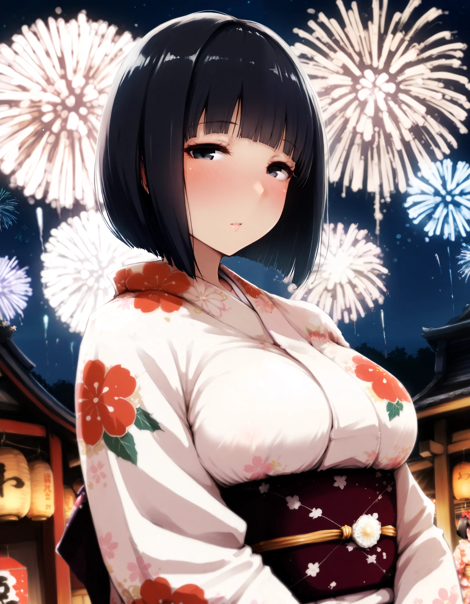 score_9, score_8_up, score_7_up, (nsfw, arakure), (1girl, solo), (upper body, looking at viewer), (black short hair, bob cut, blunt bangs), (black eyes, drunken eyes), (blush:1.2), (Japanese clothes, kimono, floral print, sash, long sleeves, obi), Japanese ancient capital, (night sky, aerial fireworks)