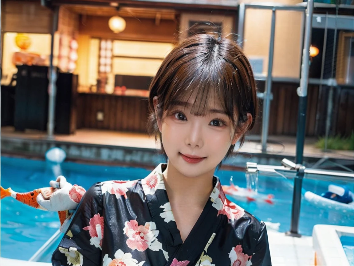masterpiece、8k、32k、highest quality、(Details of both eyes)、(Cute Japanese Woman、bangs:1.3)、16 years old、1 girl、elegant、Black Hair、(Medium bust:1.2)、hostel、(yukata、foot bath:1.3) , viewer's perspective , big eyes , huge shy smile
