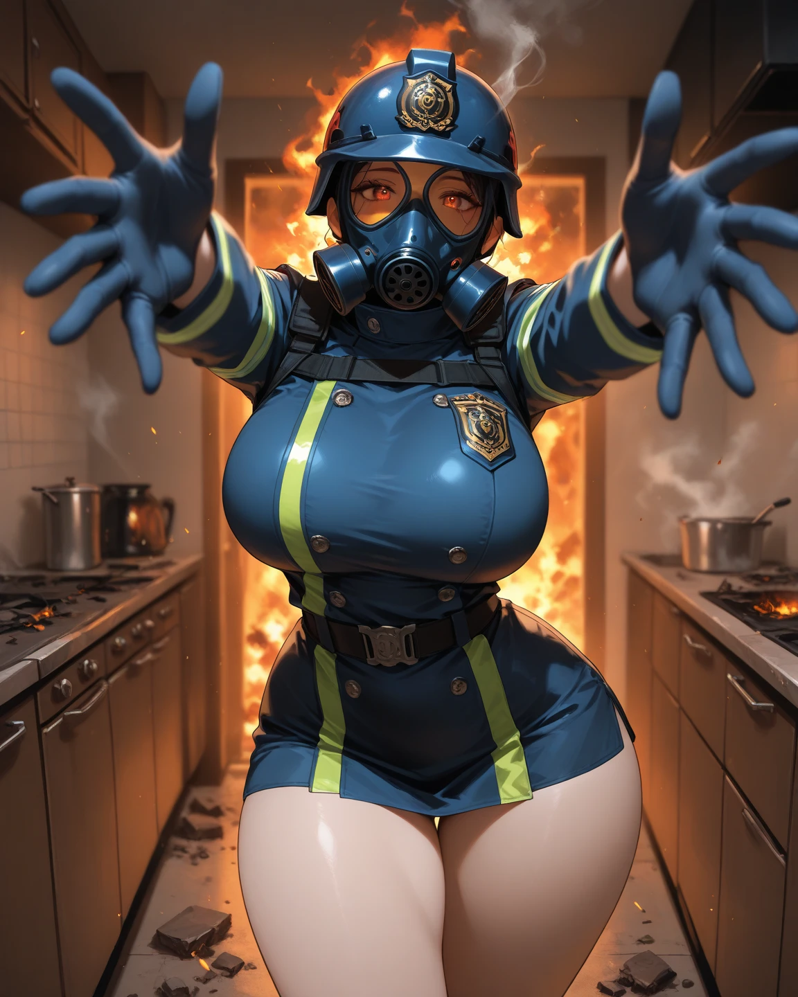 Personagem original, volumetric lighting, melhores sombras, Profundidade superficial de campo, Retrato de uma garota incrivelmente linda, , Rosto lindo e delicado e atraente com olhos negros atraentes, sobrancelhas afiadas, Respirator Face Cover Gas Mask, inexpressivo, lindos seios pequenos, Cabelo preto curto em camadas, Sombra blush, thick eyelashes, metallic texture, Full Body Fire Protection Suit, Fuel flamethrower, Fuel flamethrower Tank, olhando para outro, Destroyed rusty metal structures, Standing in the burning city destroyed, Chamas Ardentes, Burning black smoke Rising Sky, (mais alta qualidade, incredible details:1.25), (Sozinho:1.3), Pinturas coloridas brilhantes