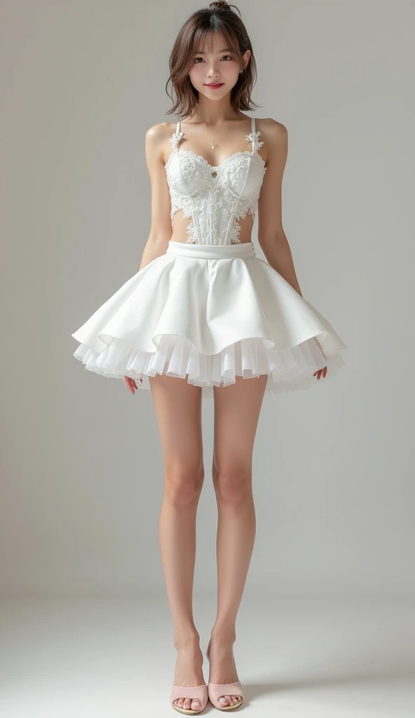 a beautiful young girl, 4k, ultra detailed, intricate tattoos, smoke, expressive beautiful face, long eyelashes, wearing a white crop and extra mini skirt white, wearing fantasy white high heels, standing on the foot, crossed legs, sexy, flawless makeup,shiny skin,young,blue eyes,blonde hair but short wavy hair style