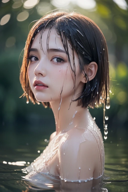 (Masseter muscle part:1.3)、(8K、Photoreal、RAW photo、highest quality: 1.4)、(1 adult female)、beautiful expression、(lifelike face)、sharp brown eyes, supermodel face、(wet black hair、short hair:1.6)、beautiful hairstyle、realistic eyes、beautiful details、(real looking skin)、beautiful skin、(white dress shirt:1.6)、absurd、attractive、超A high resolution、surreal、high detail、golden ratio