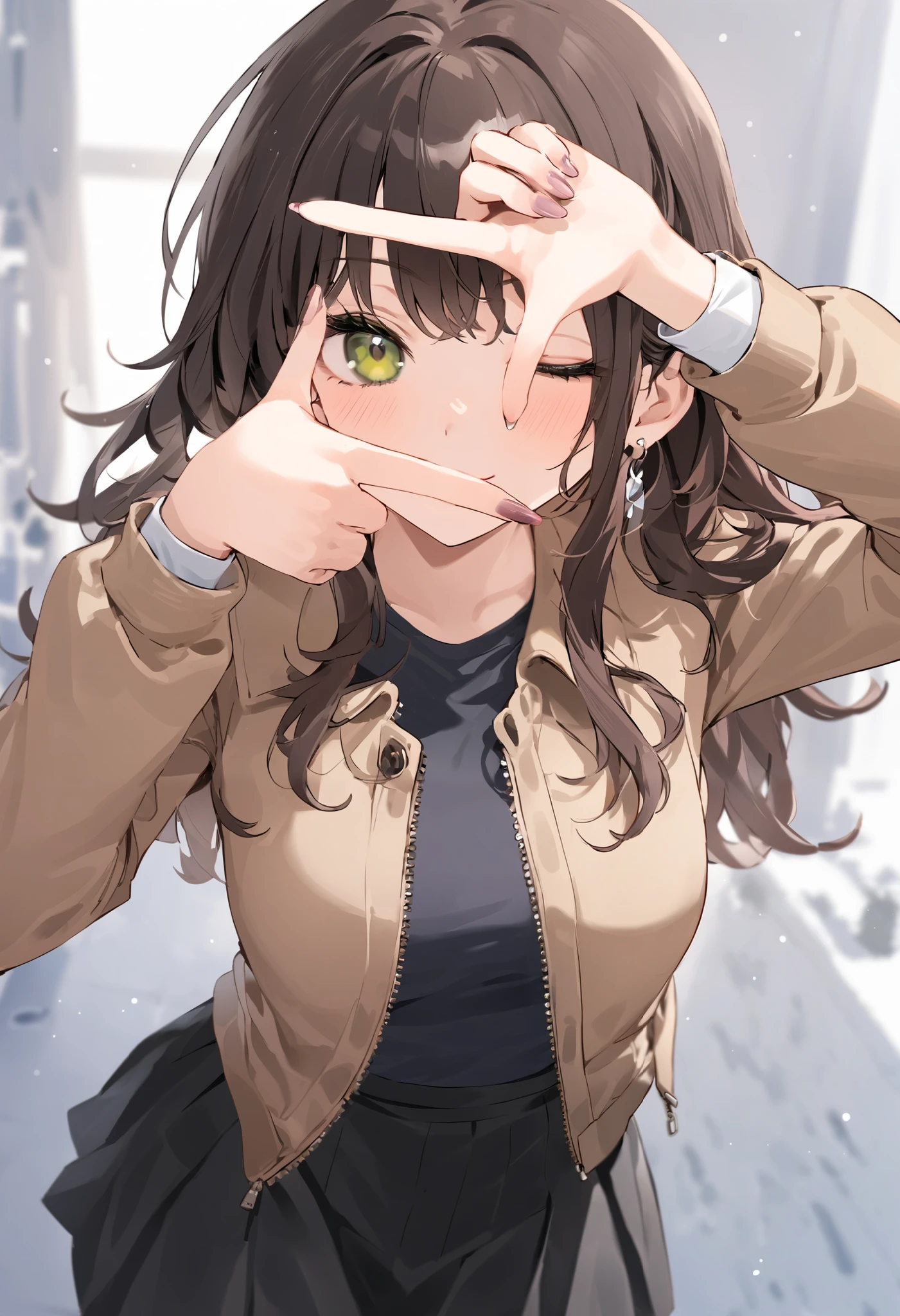 (( Masterpiece, top quality)), very aesthetic, is ridiculous, one girl, stupid hair, bangs, black skirt, black sweater , Blurred, Blurred background, Chest, brown eyes, brown hair, brown jacket , Shut up, day, to the depth of the boundary described, earrings, eyelashes, raise your hand , tilts its head, jacket , jewelry, long hair, Long Sleeve, Show Viewer, medium Chest, Manicure, take off my clothes, open jacket , Outdoors, purses lips , Tuck in your shirt, side lock, skirt, sleeves are longer than wrists, alone, sweater , upper body, zipper, smile,finger frame