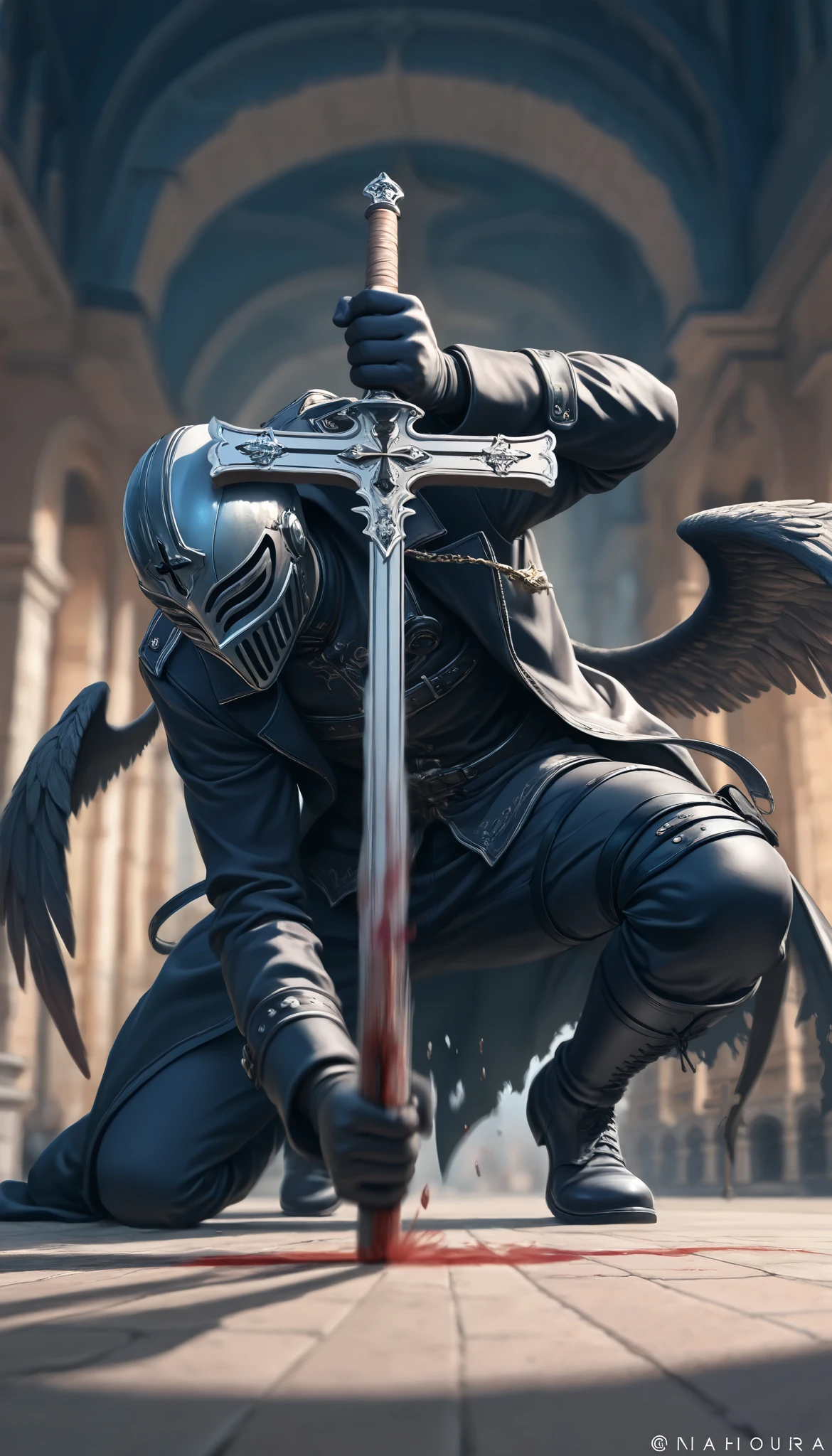 ( masterpiece, The best quality : 1.2), Underground Angel , broken wings,  holding a blue silver crucifix , luz de luna, Ominous clouds,  Dark fantasy illustration style , dark arts, HIGH CONTRAST, sombras oscuras,  atmospheric perspective  ,  melancholic colors ,  film composition ,  volumetric lighting , numbers, Brushstrokes,  dramatic lighting , ángulo bajo, Surrealism,  super detailed,  Hyperrealism , ( high quality, 8K, 4k, HIGH CONTRAST,  masterpiece: 1.2, 最 high quality,  best aesthetic ), Shibuya Crossing,  post-apocalyptic,  1 number, focus, intense fight ,  fighting action pose , ((( Blurred motion effect: 1.6))),  Destroyed Tokyo atmosphere ,  Empty street scene ,  Broken neon signs ,  Depressive atmosphere ,  fast movement , (( Motion blur in the arms)),  shadow killer ,  killing an enemy  ,  destroyed architecture ,   Blood on the Floor ,  Less bloodstained ,  evil energy ,  cinematic colors ,  dynamic configurations ,  atmospheric perspective ,  epic lighting , (1vs1 ), ( Unfounded ).(Way a way)