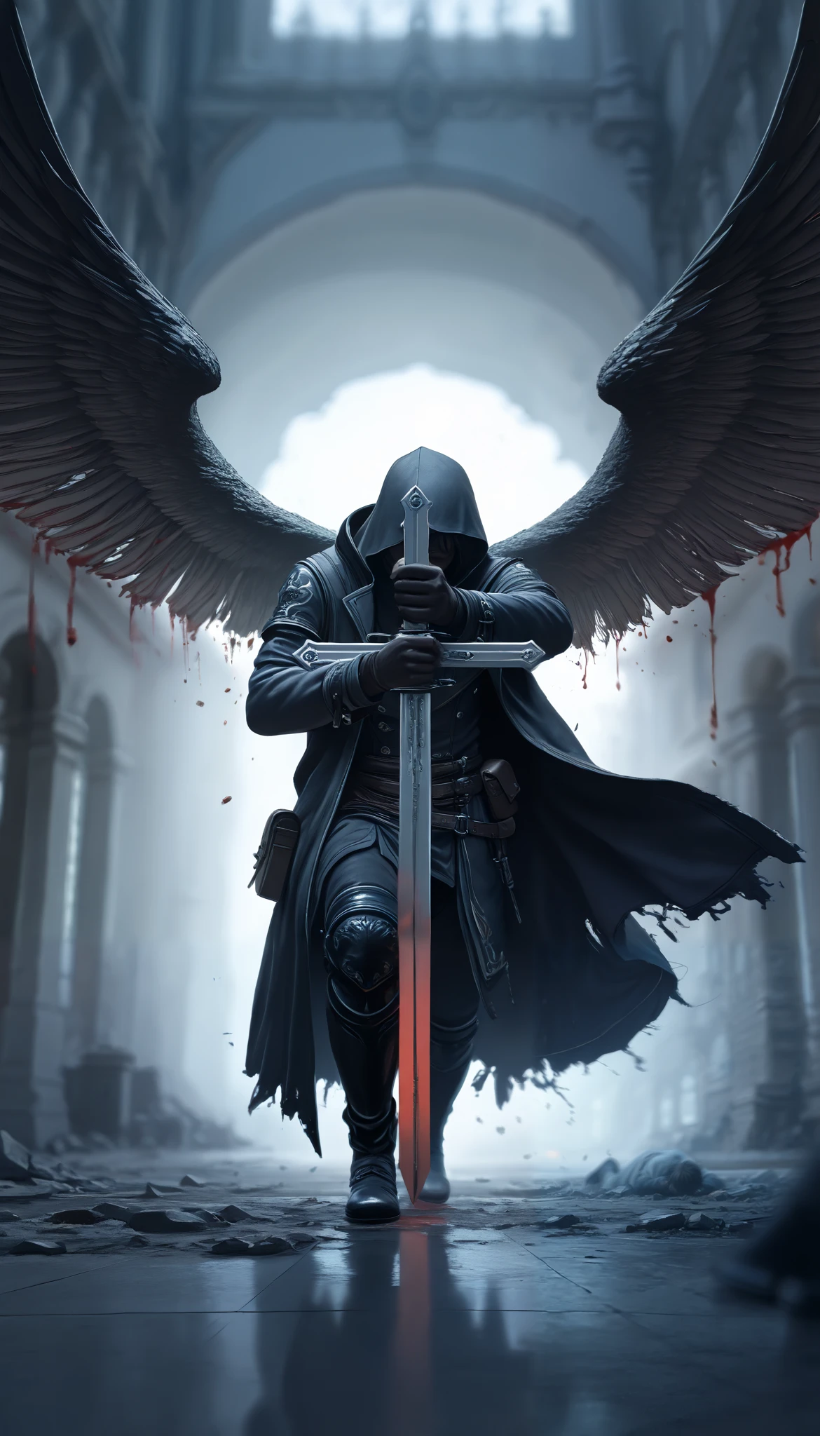 ( masterpiece, The best quality : 1.2), Underground Angel , broken wings, holding a blue silver crucifix , luz de luna, Ominous clouds, Dark fantasy illustration style , dark arts, HIGH CONTRAST, sombras oscuras, atmospheric perspective , melancholic colors , film composition , volumetric lighting , numbers, Brushstrokes, dramatic lighting , ángulo bajo, Surrealism, super detailed, Hyperrealism , ( high quality, 8K, 4k, HIGH CONTRAST, masterpiece: 1.2, 最 high quality, best aesthetic ), Shibuya Crossing, post-apocalyptic, 1 number, focus, intense fight , fighting action pose , ((( Blurred motion effect: 1.6))), Destroyed Tokyo atmosphere , Empty street scene , Broken neon signs , Depressive atmosphere , fast movement , (( Motion blur in the arms)), shadow killer , killing an enemy , destroyed architecture , Blood on the Floor , Less bloodstained , evil energy , cinematic colors , dynamic configurations , atmospheric perspective , epic lighting , (1vs1 ), ( Unfounded ).(Way a way)