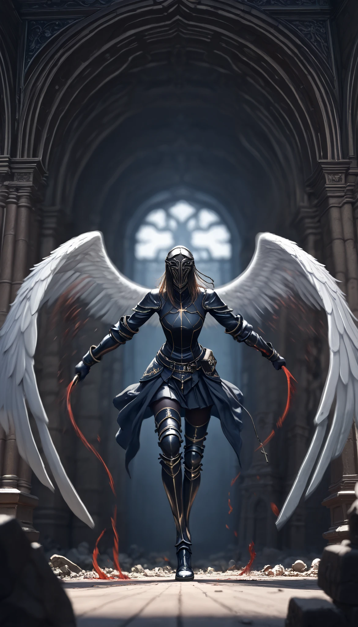 ( masterpiece, The best quality : 1.2), Underground Angel , broken wings, holding a blue silver crucifix , luz de luna, Ominous clouds, Dark fantasy illustration style , dark arts, HIGH CONTRAST, sombras oscuras, atmospheric perspective , melancholic colors , film composition , volumetric lighting , numbers, Brushstrokes, dramatic lighting , ángulo bajo, Surrealism, super detailed, Hyperrealism , ( high quality, 8K, 4k, HIGH CONTRAST, masterpiece: 1.2, 最 high quality, best aesthetic ), Shibuya Crossing, post-apocalyptic, 1 number, focus, intense fight , fighting action pose , ((( Blurred motion effect: 1.6))), Destroyed Tokyo atmosphere , Empty street scene , Broken neon signs , Depressive atmosphere , fast movement , (( Motion blur in the arms)), shadow killer , killing an enemy , destroyed architecture , Blood on the Floor , Less bloodstained , evil energy , cinematic colors , dynamic configurations , atmospheric perspective , epic lighting , (1vs1 ), ( Unfounded ).(Way a way)