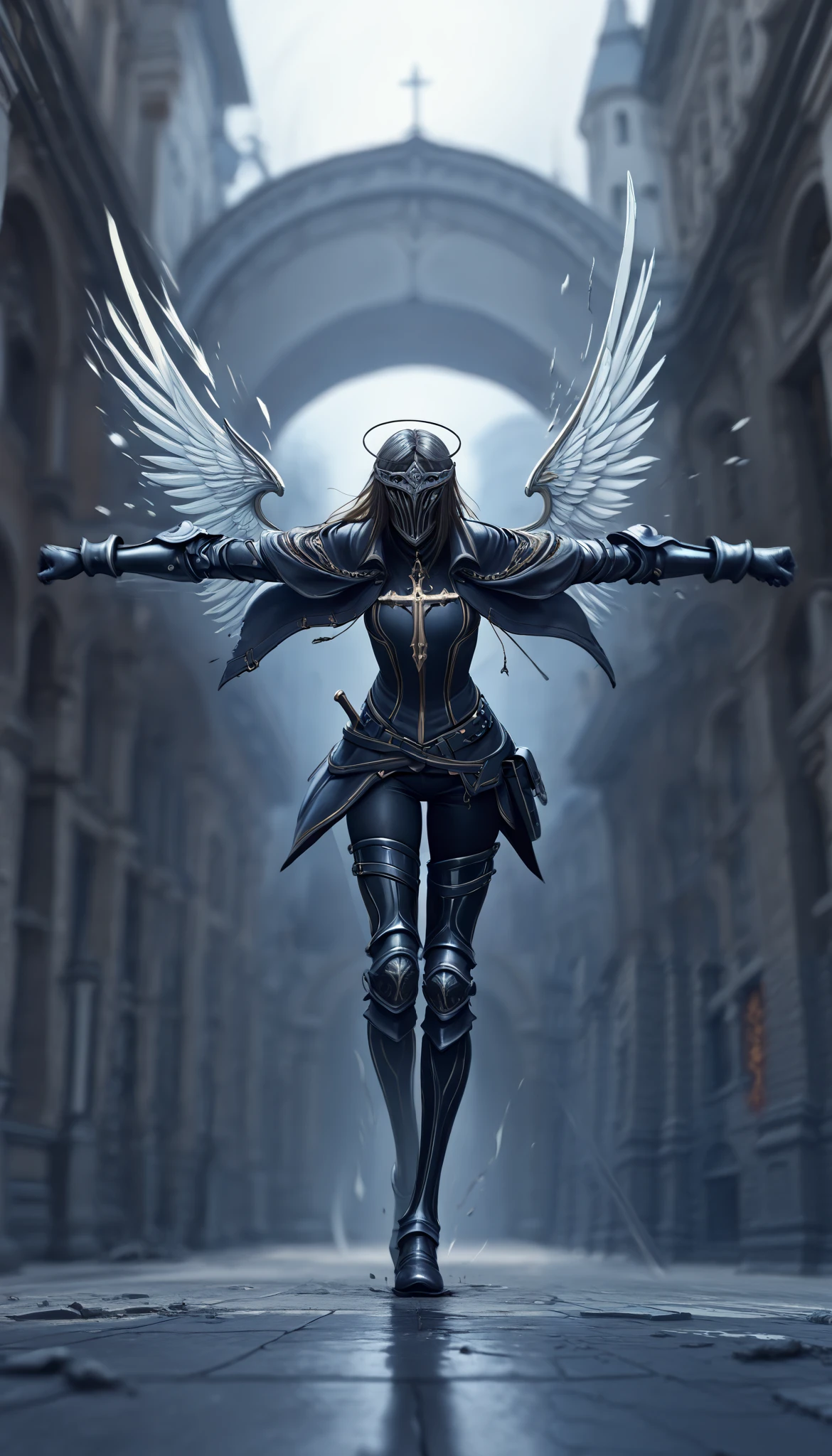 ( masterpiece, The best quality : 1.2), Underground Angel , broken wings, holding a blue silver crucifix , luz de luna, Ominous clouds, Dark fantasy illustration style , dark arts, HIGH CONTRAST, sombras oscuras, atmospheric perspective , melancholic colors , film composition , volumetric lighting , numbers, Brushstrokes, dramatic lighting , ángulo bajo, Surrealism, super detailed, Hyperrealism , ( high quality, 8K, 4k, HIGH CONTRAST, masterpiece: 1.2, 最 high quality, best aesthetic ), Shibuya Crossing, post-apocalyptic, 1 number, focus, intense fight , fighting action pose , ((( Blurred motion effect: 1.6))), Destroyed Tokyo atmosphere , Empty street scene , Broken neon signs , Depressive atmosphere , fast movement , (( Motion blur in the arms)), shadow killer , killing an enemy , destroyed architecture , Blood on the Floor , Less bloodstained , evil energy , cinematic colors , dynamic configurations , atmospheric perspective , epic lighting , (1vs1 ), ( Unfounded ).(Way a way)