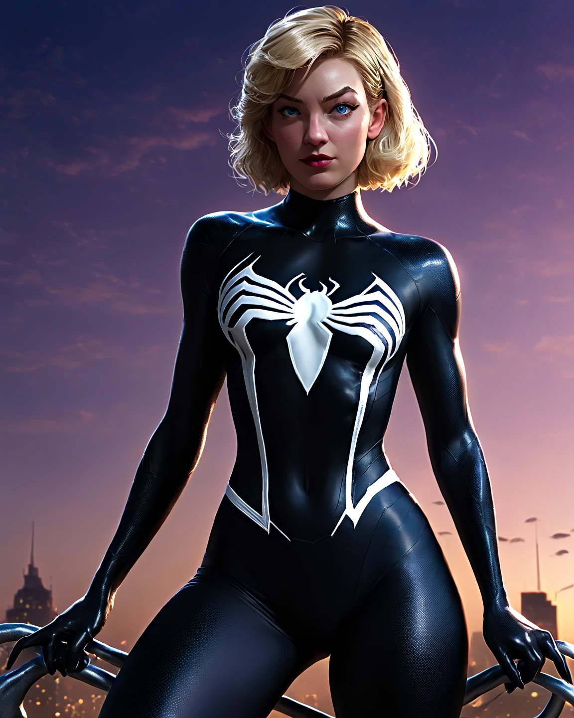 Obra-prima, 8k, realista, good ilumination, (((Scarlett Johansson garota de 28 anos, terno preto do homem aranha venom com aranha branca no peito, loira))), cabelo comprido, sem corte, rosto bonito, chuva, telhado, obra-prima, detalhes trincados, anatomia perfeita, (((Swinging in the web)))