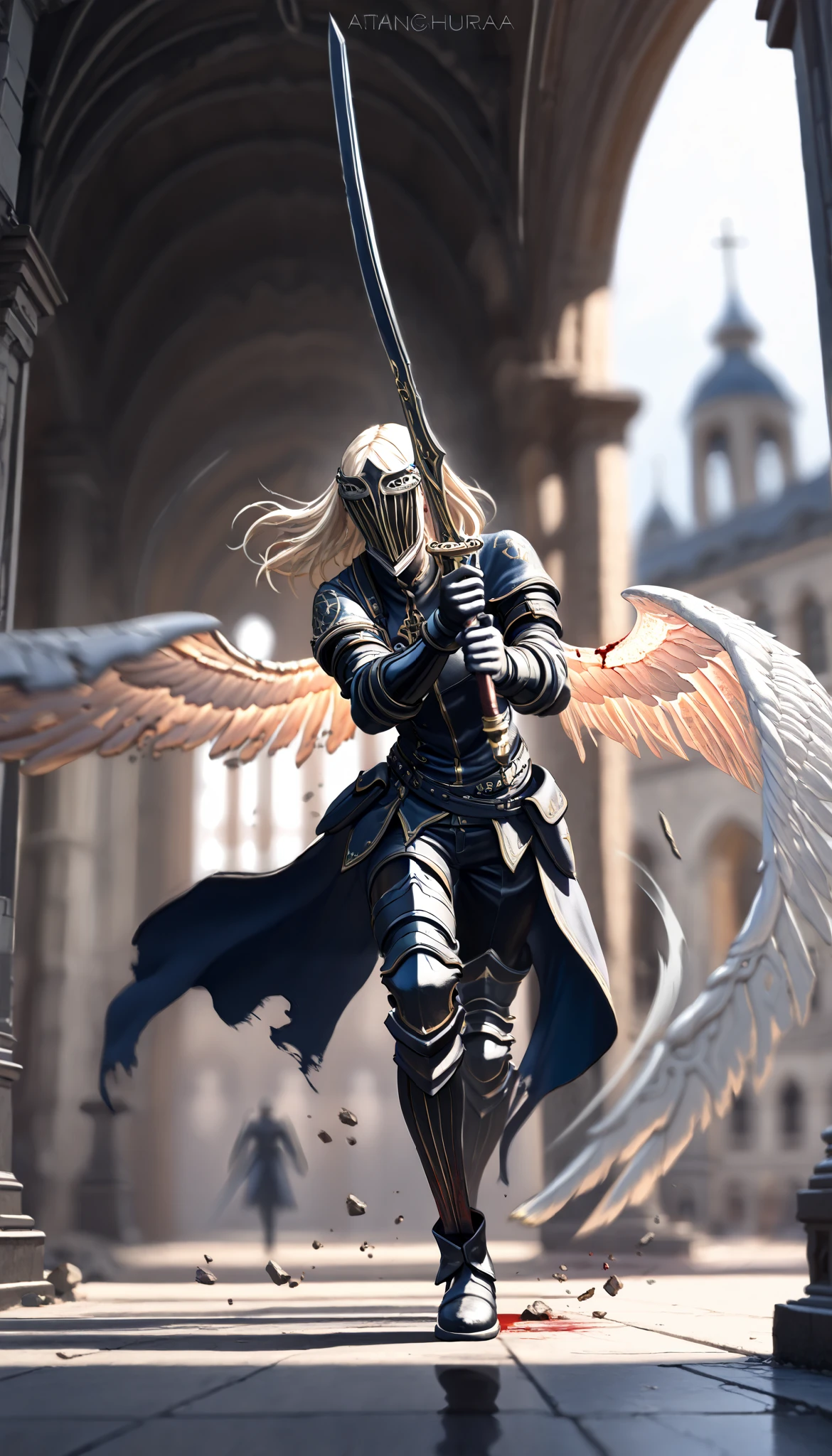 ( masterpiece, The best quality : 1.2), Underground Angel , broken wings, holding a blue silver crucifix , luz de luna, Ominous clouds, Dark fantasy illustration style , dark arts, HIGH CONTRAST, sombras oscuras, atmospheric perspective , melancholic colors , film composition , volumetric lighting , numbers, Brushstrokes, dramatic lighting , ángulo bajo, Surrealism, super detailed, Hyperrealism , ( high quality, 8K, 4k, HIGH CONTRAST, masterpiece: 1.2, 最 high quality, best aesthetic ), Shibuya Crossing, post-apocalyptic, 1 number, focus, intense fight , fighting action pose , ((( Blurred motion effect: 1.6))), Destroyed Tokyo atmosphere , Empty street scene , Broken neon signs , Depressive atmosphere , fast movement , (( Motion blur in the arms)), shadow killer , killing an enemy , destroyed architecture , Blood on the Floor , Less bloodstained , evil energy , cinematic colors , dynamic configurations , atmospheric perspective , epic lighting , (1vs1 ), ( Unfounded ).(Way a way)