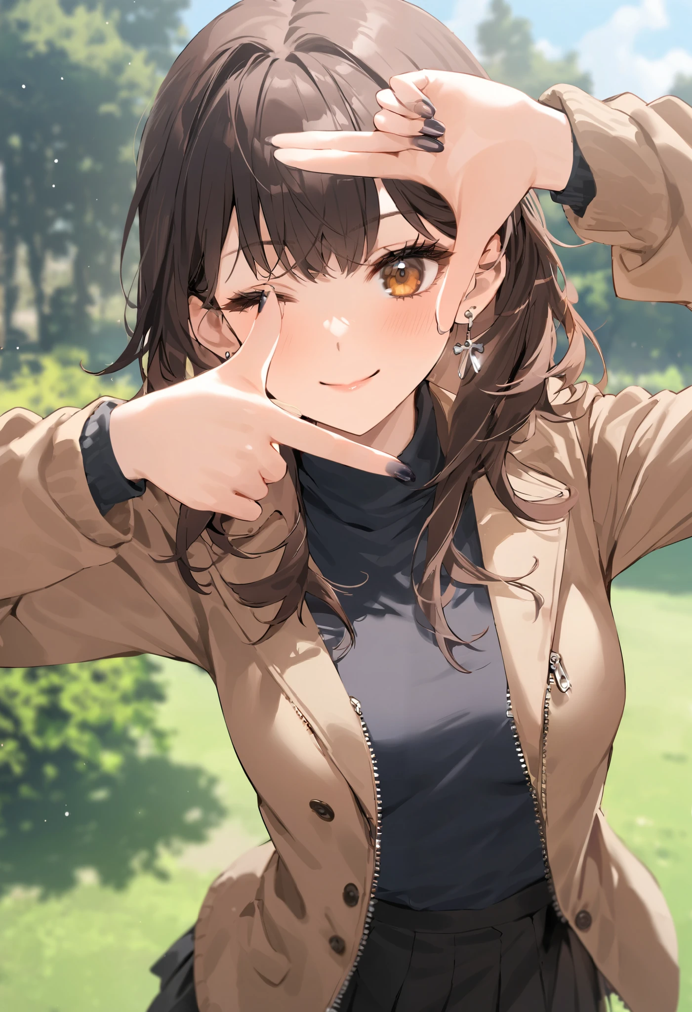 (( Masterpiece, top quality)), very aesthetic, is ridiculous, one girl, stupid hair, bangs, black skirt, black sweater , Blurred, Blurred background, Chest, brown eyes, brown hair, brown jacket , Shut up, day, to the depth of the boundary described, earrings, eyelashes, raise your hand , tilts its head, jacket , jewelry, long hair, Long Sleeve, Show Viewer, medium Chest, Manicure, take off my clothes, open jacket , Outdoors, purses lips , Tuck in your shirt, side lock, skirt, sleeves are longer than wrists, alone, sweater , upper body, zipper, smile,finger frame