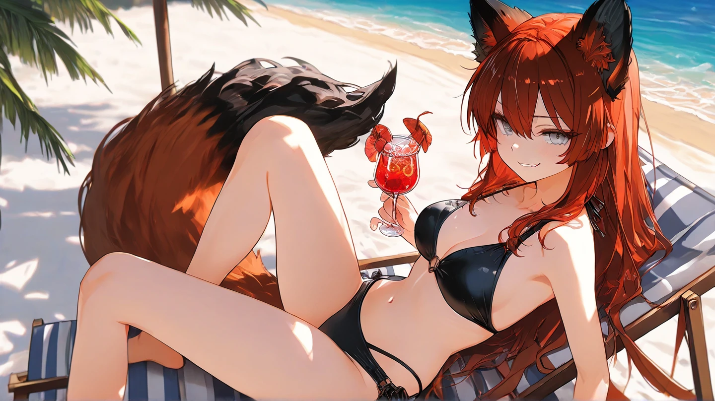 Anime, 1girl, Hellhound, back mini skirt, red top decorated with black bow, black spike choker, one fishnet leggings, one thigh high sock, black high heels, brown hair with orange strands, orange eyes, chocolate ice cream cone, black spike bracelets, fluffy brown tail, light skin, red wine, wine glass, wolf ears, beautiful beach,