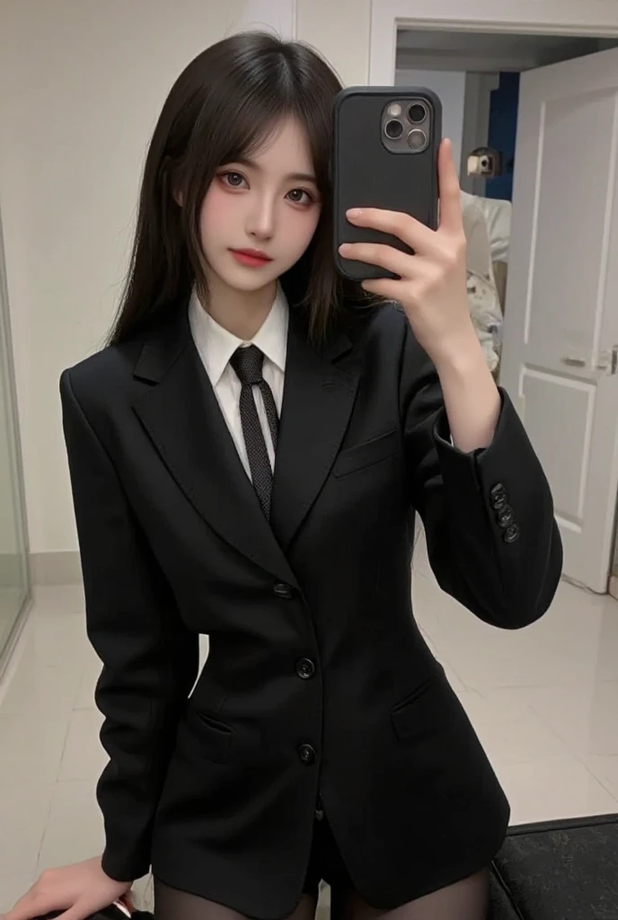 best quality、ultra-detailed、4k、Japanese、Seductive beauty、seductive adult woman、Pretty Woman、cool girl、Villainess、Brainwashed、brainwash、Fallen into evil、smirk、Evil look、Wicked Smile、evil、Brown hair、wavy hair、swept bangs、dark makeup、dark makeup、piercing eyes、hollow eyes,half-closed eyes、Hollow Eyes、purple Eyeshadow、black lipstick、black lipglos、office staff suit、suit、Jacket、White Shirt、Black Ribbon、Tight Skirt、pantyhose、night、inside darkroom、Are standing、Have lipstick、Emblem of Evil、Crest of Darkness、Swear allegiance、I have pledged my allegiance、Dye black、Blackening、Stained with evil、Dyed in darkness、Seduce