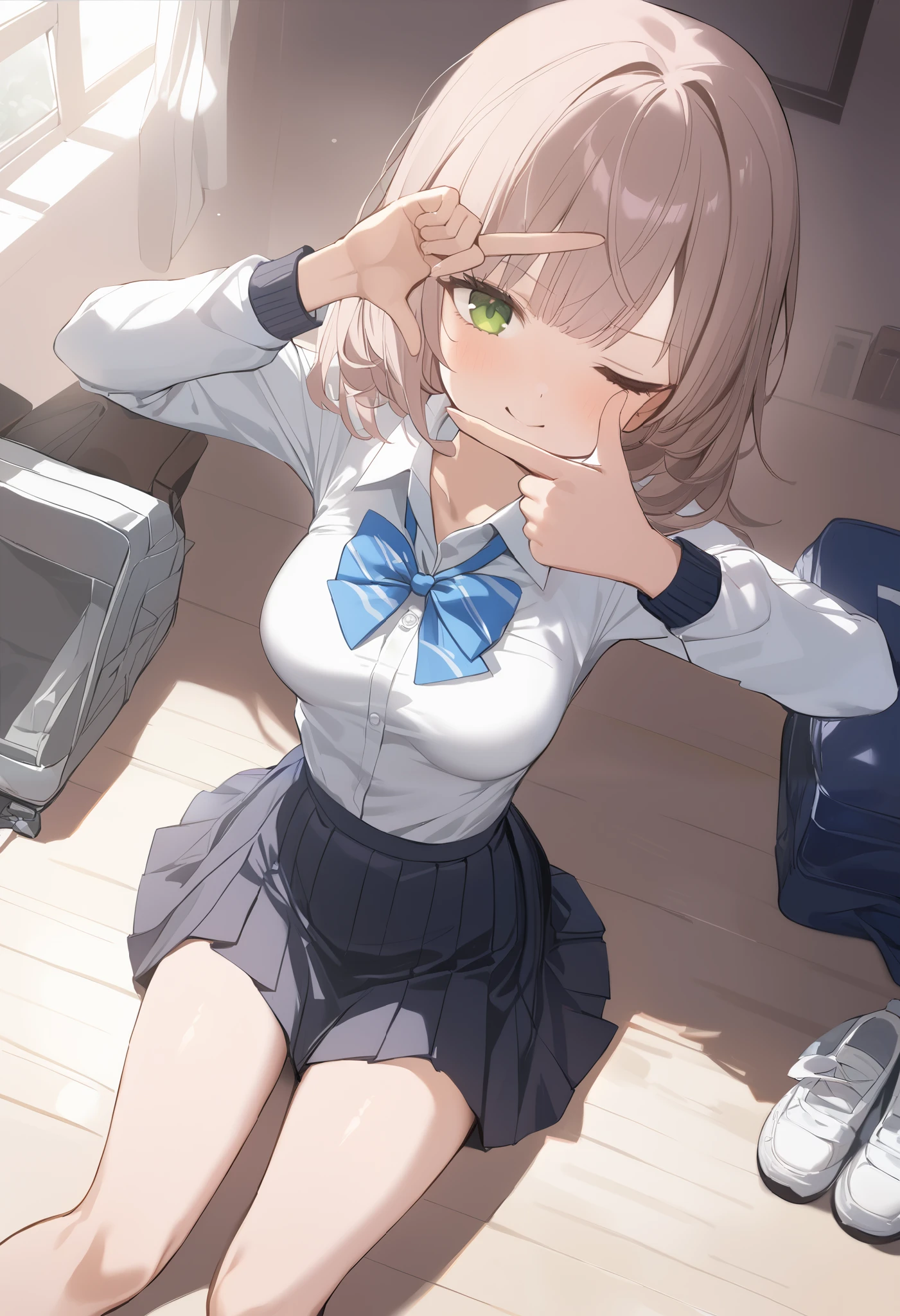 1 girl, medium boobs, school uniform ,
finger frame , is staring at the viewer, raise your arms, closed one eye, along the floor , Hair, Shortcut,
top quality,medium quality,