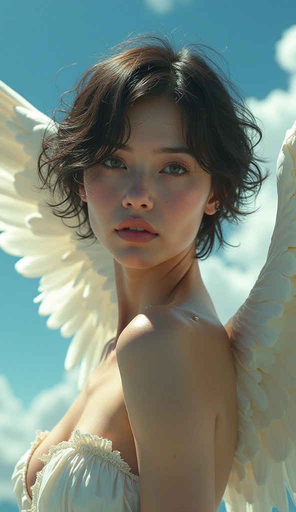 Beautiful young angel girl with short chestnut hair, wearing a TOGA dress, jumping against a detailed summer sky background, with big realistic white wing gimmick, halo, shot from a low angle. (Best Quality, 4k, 8k, High Resolution, Masterpiece: 1.2), Ultra Detailed, (Realistic, Photorealistic, Photorealistic: 1.37), Complex highly detailed face, delicate facial features, expressive eyes, beautiful long eyelashes, cute button nose, detailed lips, graceful pose, dynamic movement, natural lighting, warm tones, golden hour, glowing skin, ethereal, heavenly, divine, celestial, alen4_kryukova