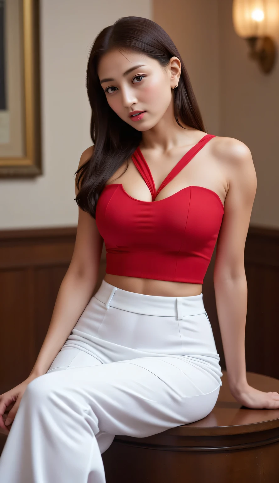 (Lifelike, A high resolution:1.3), 1 girl with a perfect body, Super fine face and eyes,Sweet smile:1.4,cabelos preto e longos:1.2, Red tight top:1.4, denim short;1.4, Bigboobs:1.2