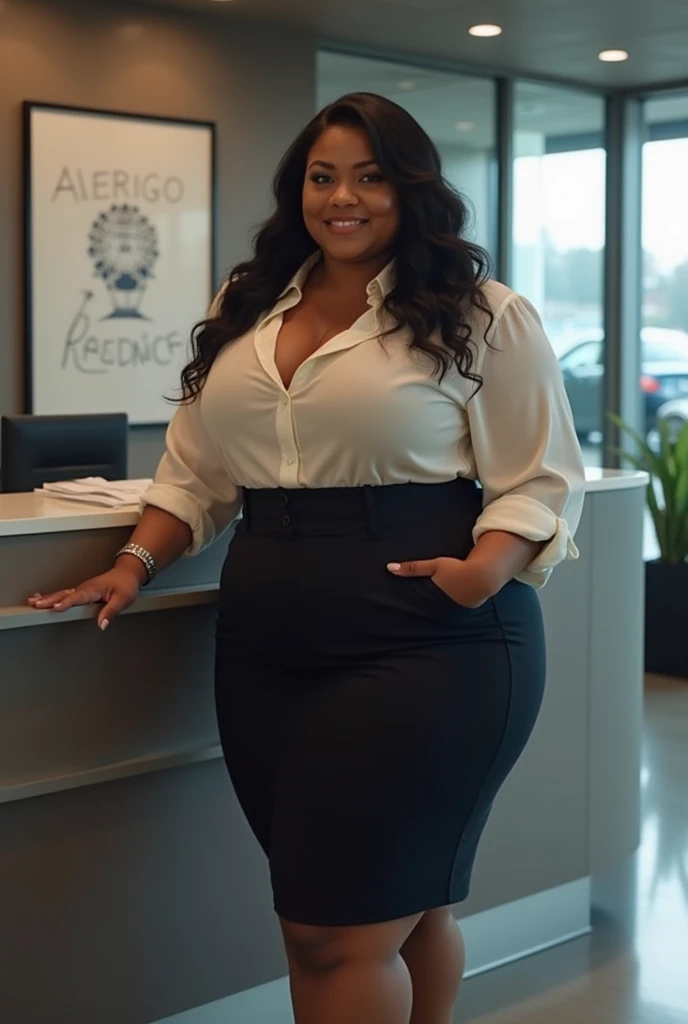 Photo taken from distance, wide shot, South Indian plus sized 2 bride wearing white short gown wearing women sitting on a chair, in a office room