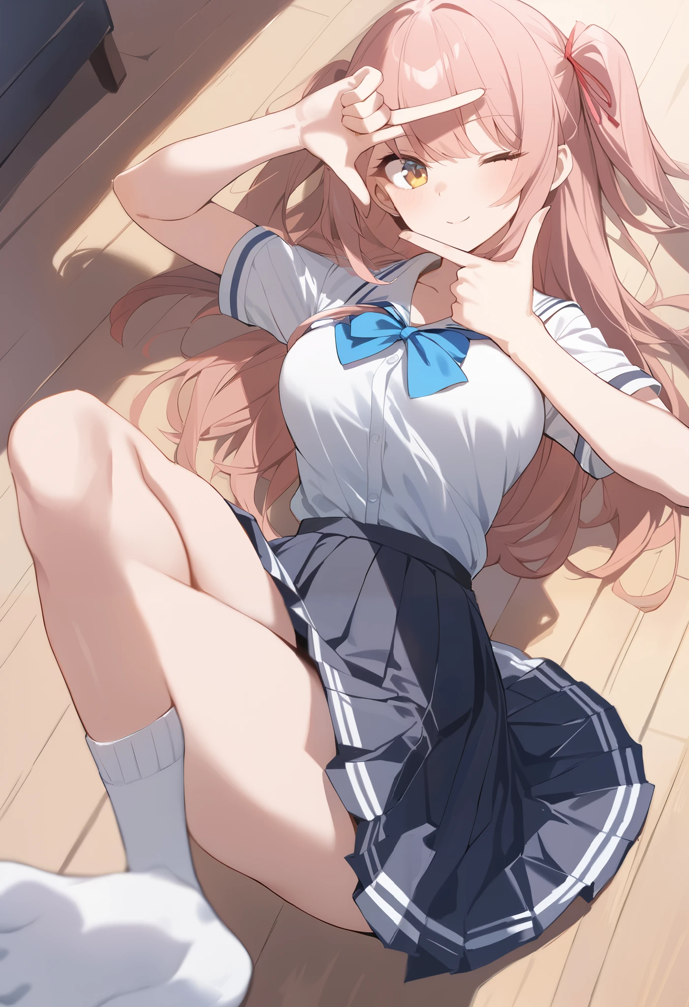 1 girl, medium boobs, school uniform ,
finger frame , is staring at the viewer, raise your arms, closed one eye, along the floor , Hair, Shortcut,
top quality,medium quality,