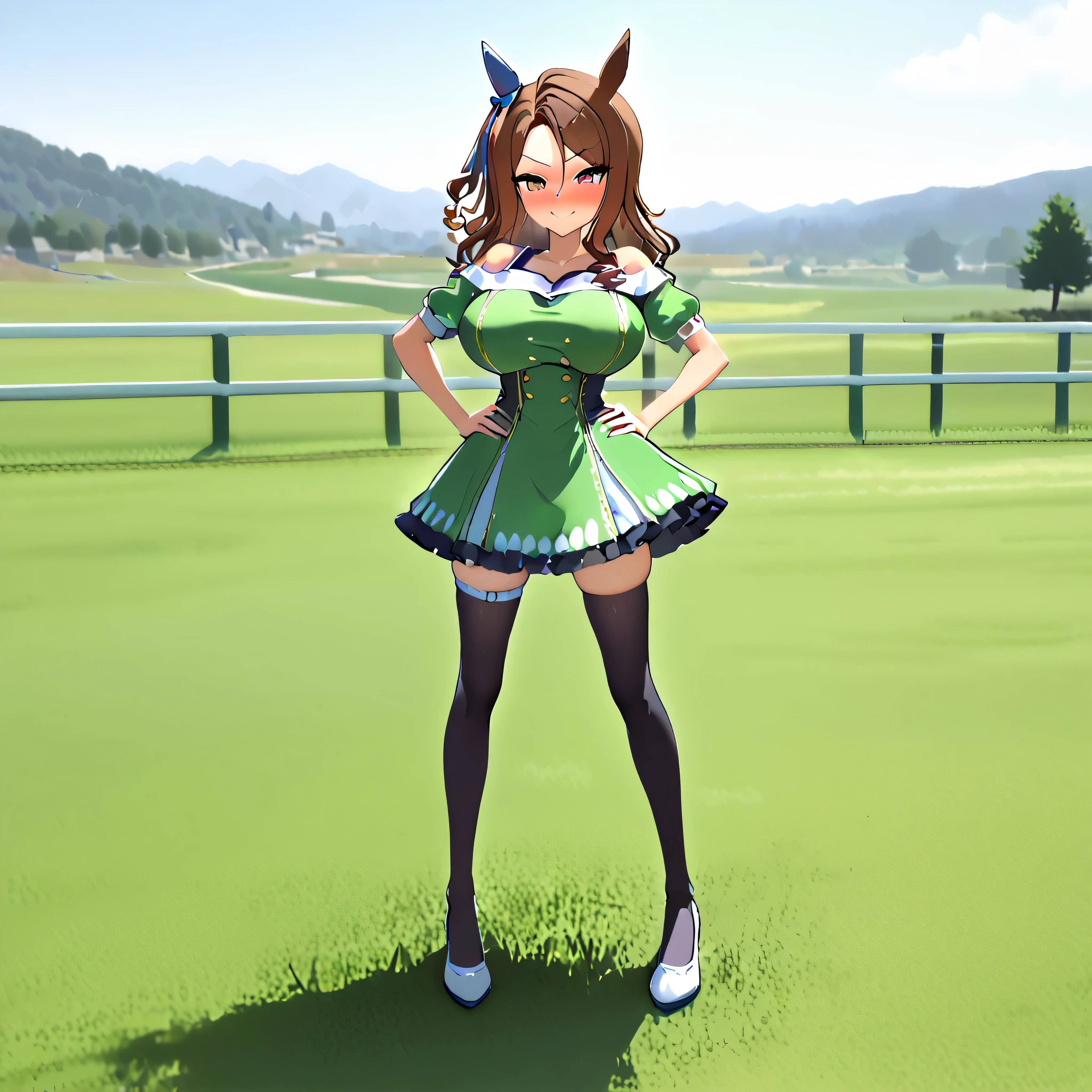 masterpiece, landscape, grass field, BREAK, (1 skinny girl standing with open legs:1.2), (umamusume\:1.3), (king halo \:1.2), BREAK, shoubufuku\, (too short skirt:1.1), thigh gap, (off-shoulder green dress cinches narrow waist too tight), full body, BREAK, brown hair, (both hands on her hip), (open legs), BREAK, (bursting large breasts:1.2), (too narrow wais)t, skinny waist, small stomach, skinny hip, (skinny long legs), black thighhighs, thigh straps, BREAK, smile for viewer, nose blush